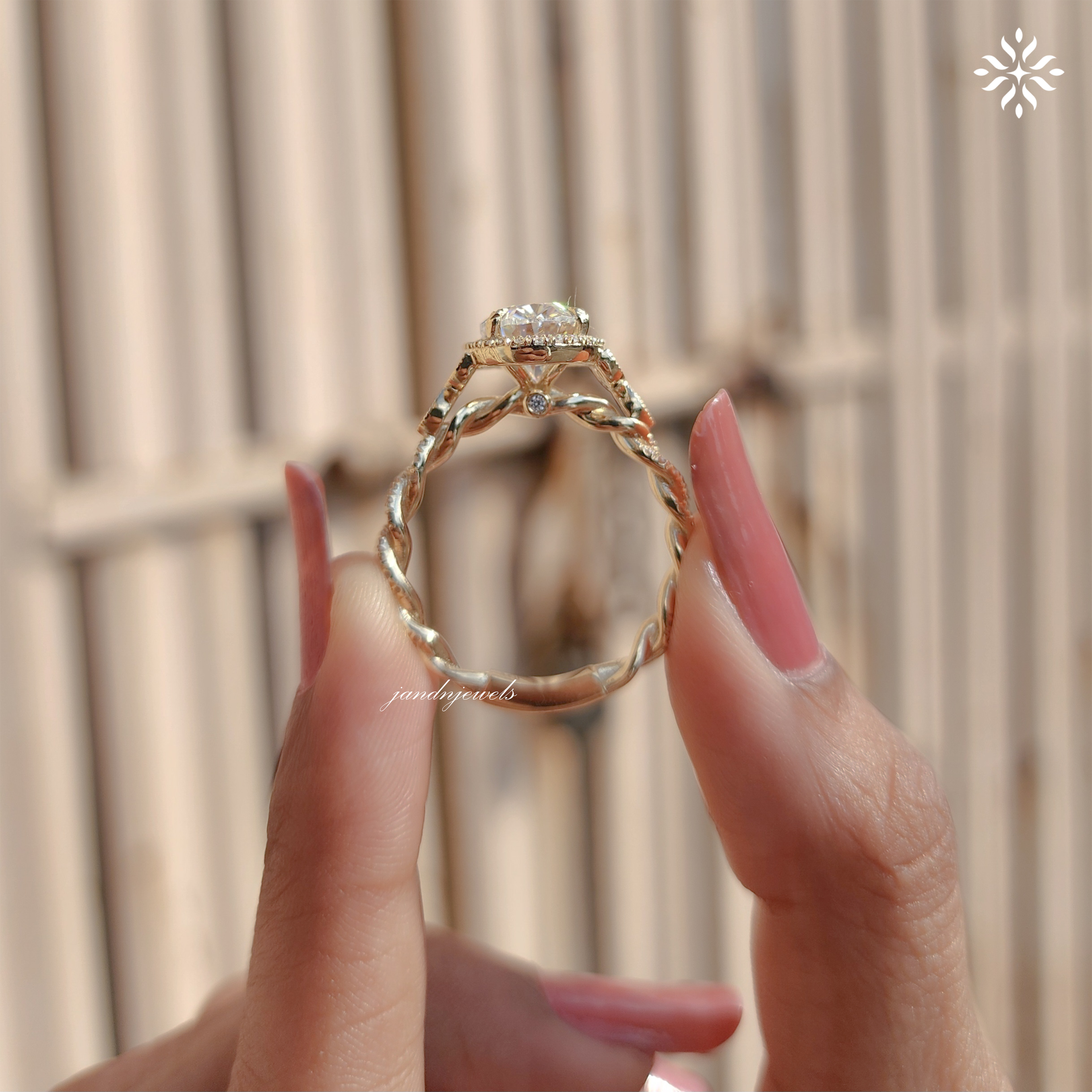 Oval Moissanite Halo Engagement Ring 14K Solid Yellow Gold, Filigree Cluster Design, Twisted Band, Classic Cathedral Setting