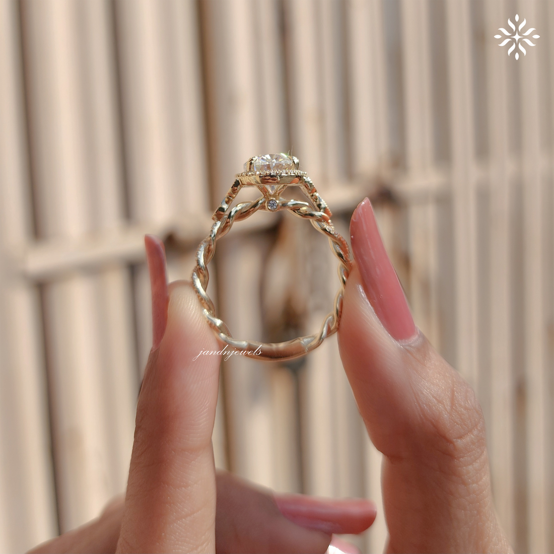 Oval Moissanite Halo Engagement Ring 14K Solid Yellow Gold, Filigree Cluster Design, Twisted Band, Classic Cathedral Setting