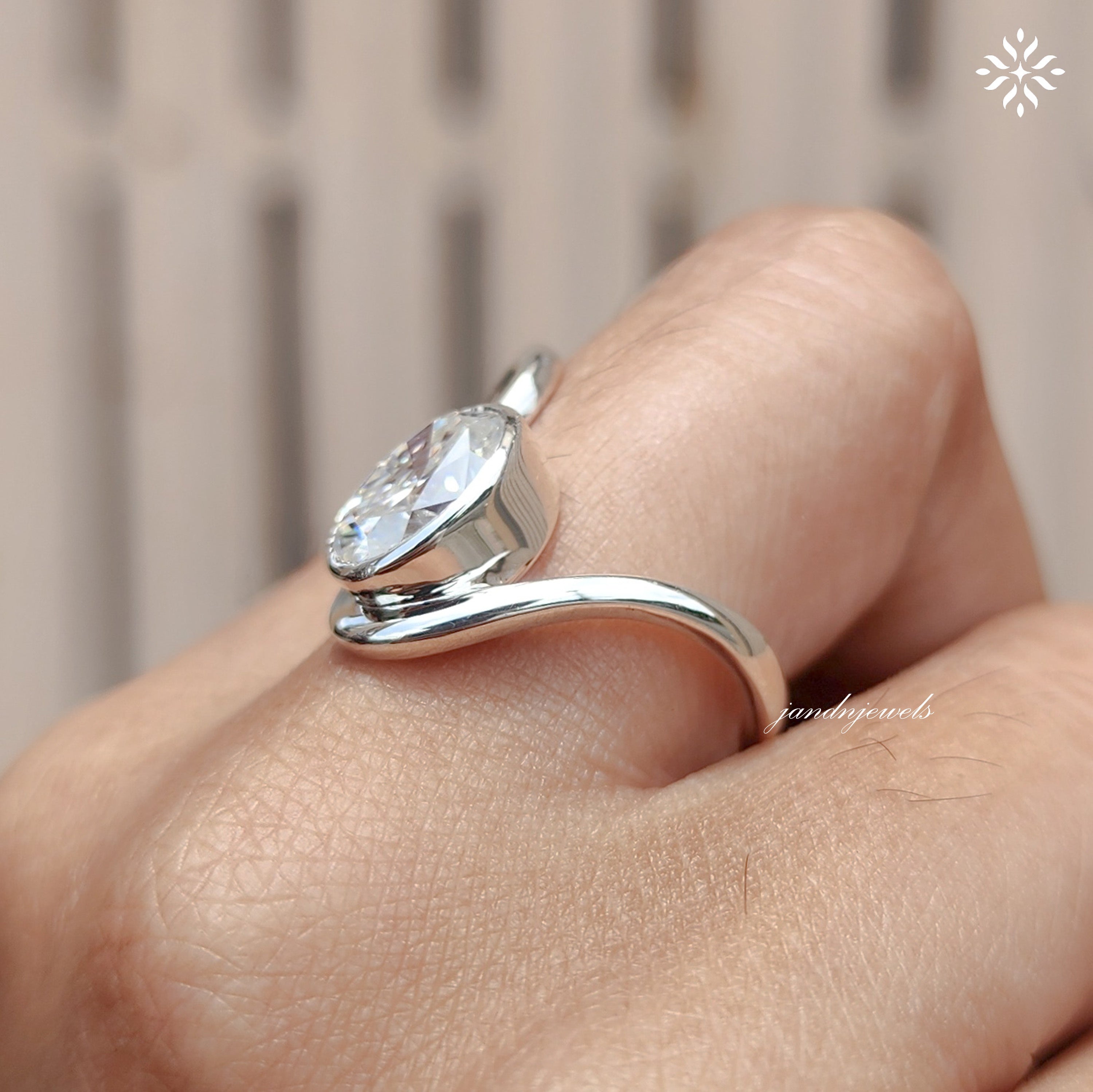 Oval Moissanite Ring, Open Wrap Ring Bezel Set Gold Band Minimalist Unique Engagement Ring