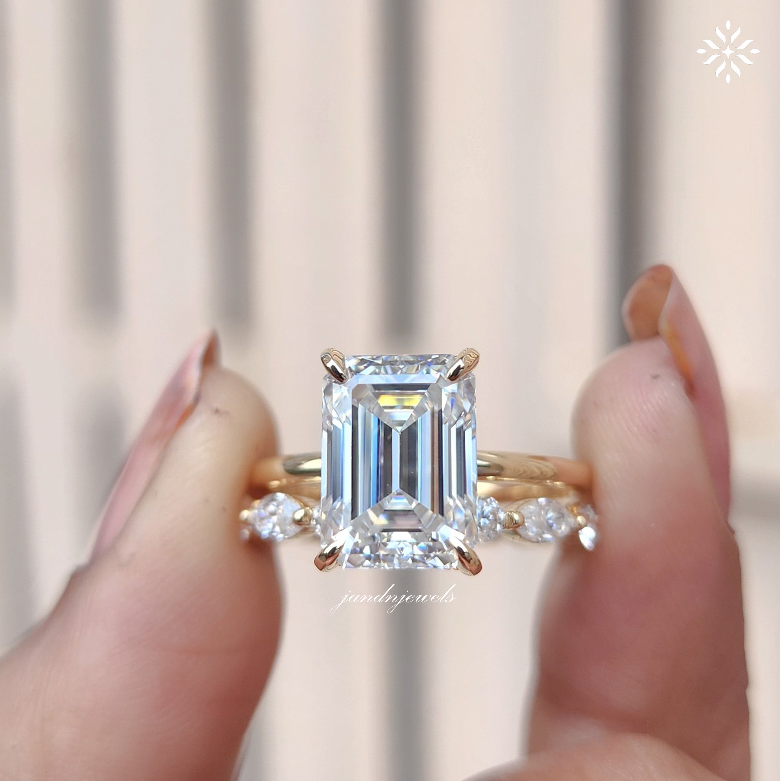 3CT Emerald Cut Moissanite Engagement Ring Set, Hidden Halo Ring Set, Round and Marquise Wedding Band, 14K Gold Bridal Ring