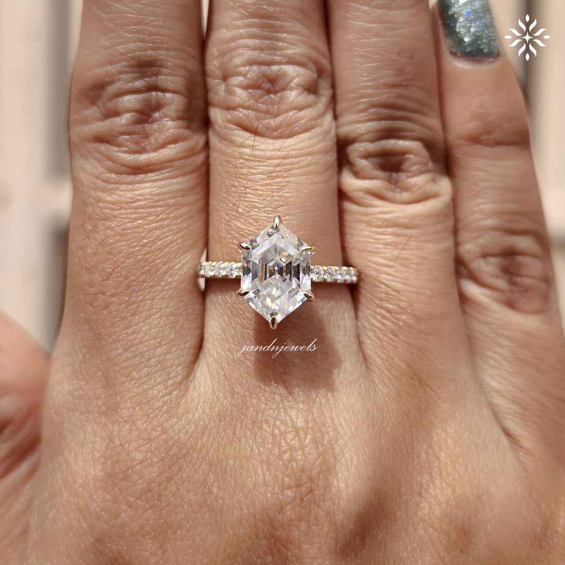 2CT Hexagon Cut Moissanite Engagement Ring Hidden Halo Ring Wedding Ring 14K Gold Ring Thin Pavé Band Modern Geometric Bridal Ring
