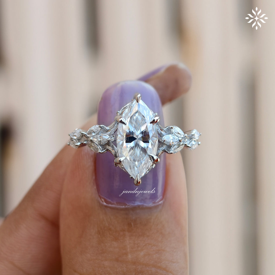 2CT Marquise Cut Moissanite Engagement Ring 14K White Gold Floral Vine Art Deco Ring