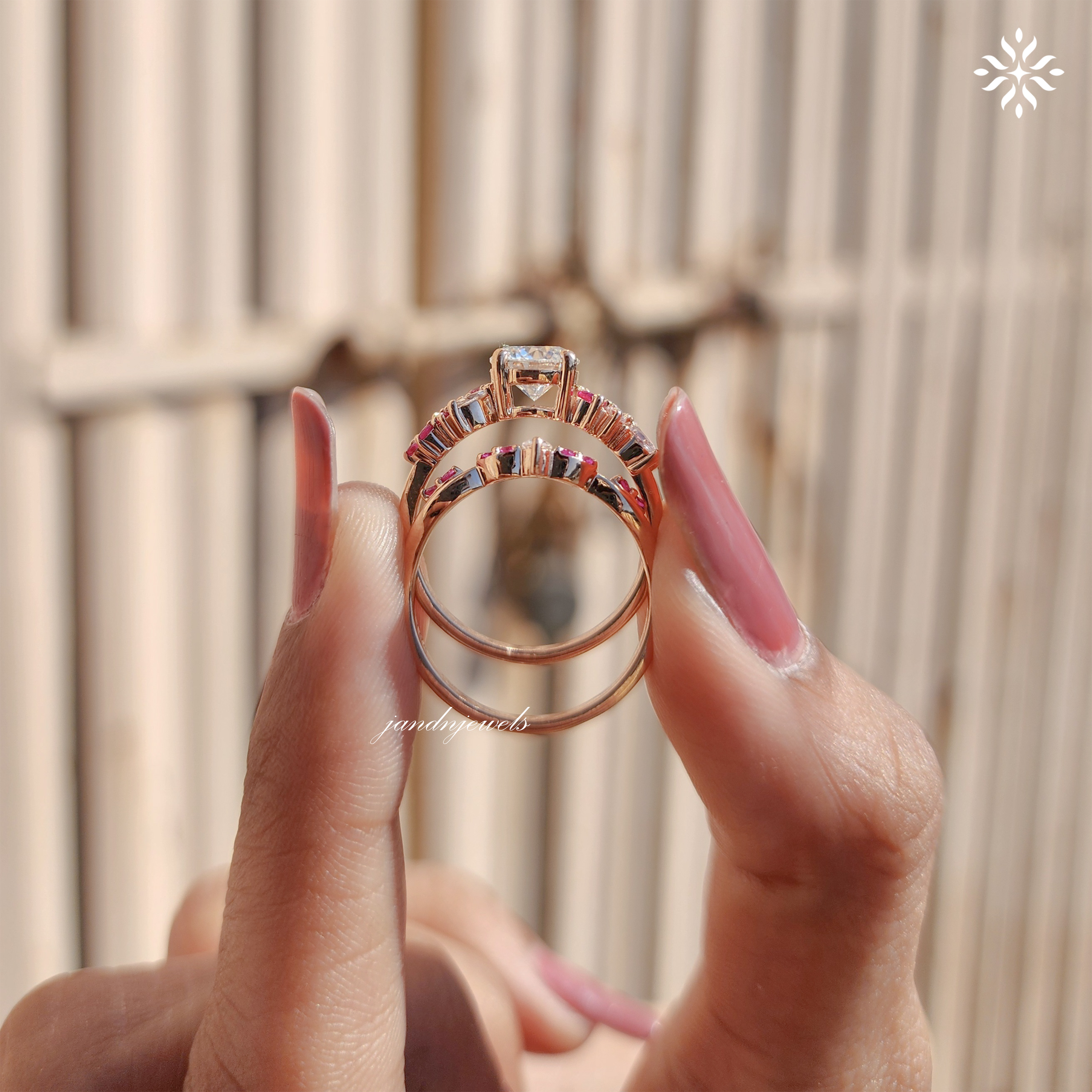 Round Cut Moissanite Engagement Ring Set lab Pink Sapphire Diamond Ring Vintage Rose Gold Bridal Ring Set Amethyst wedding Art Deco Ring Everbee logo Analyze listing