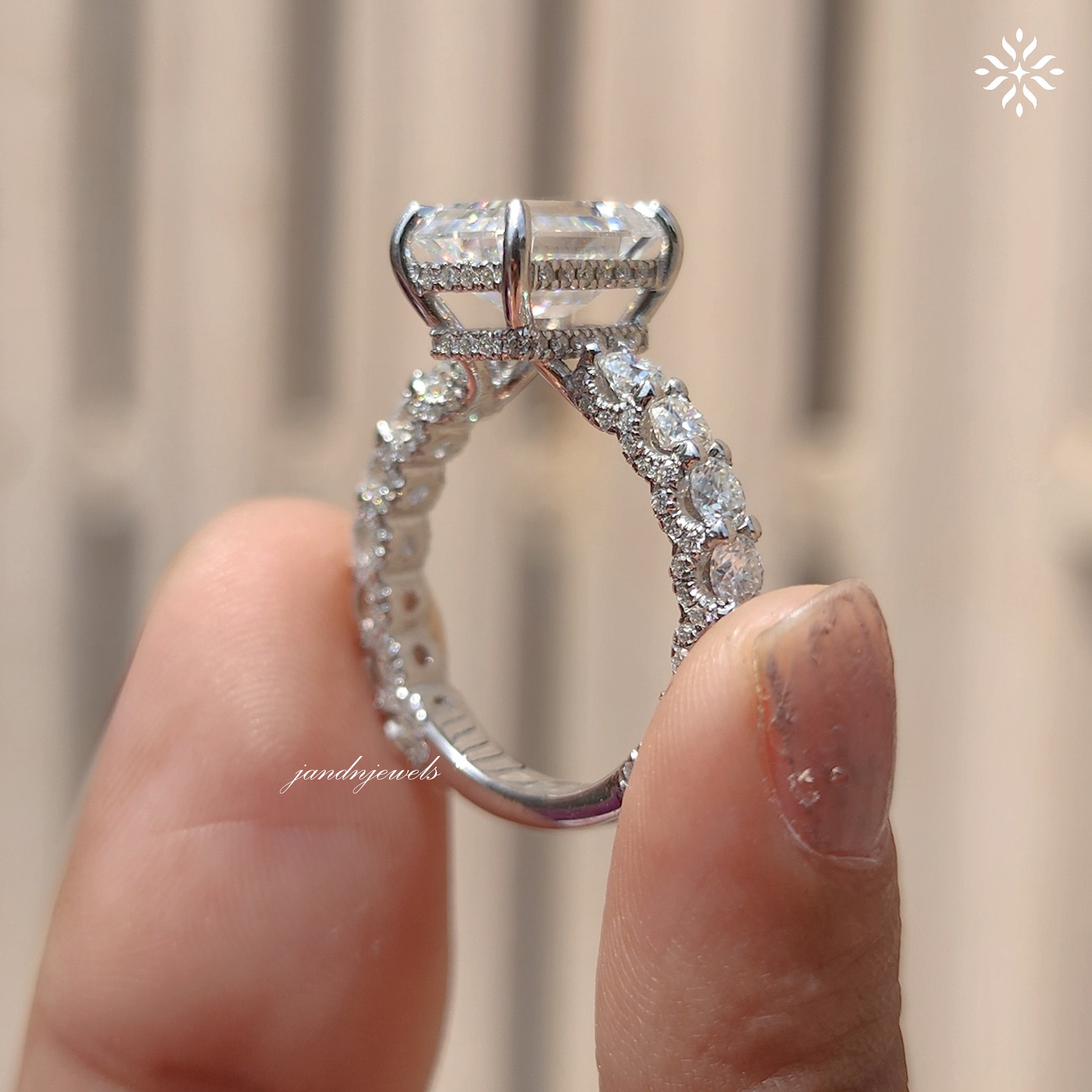 2.5CT Emerald Cut Moissanite Engagement Ring Unique Dabble Hidden Halo Ring 14K Solid Gold Ring for Women