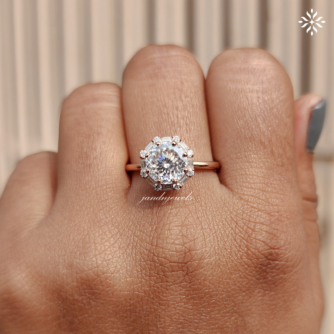 Unique Portuguese Cut Moissanite Engagement Ring Luxe Baguette & Round Halo Diamond Ring 14K Solid Gold Solitaire Ring