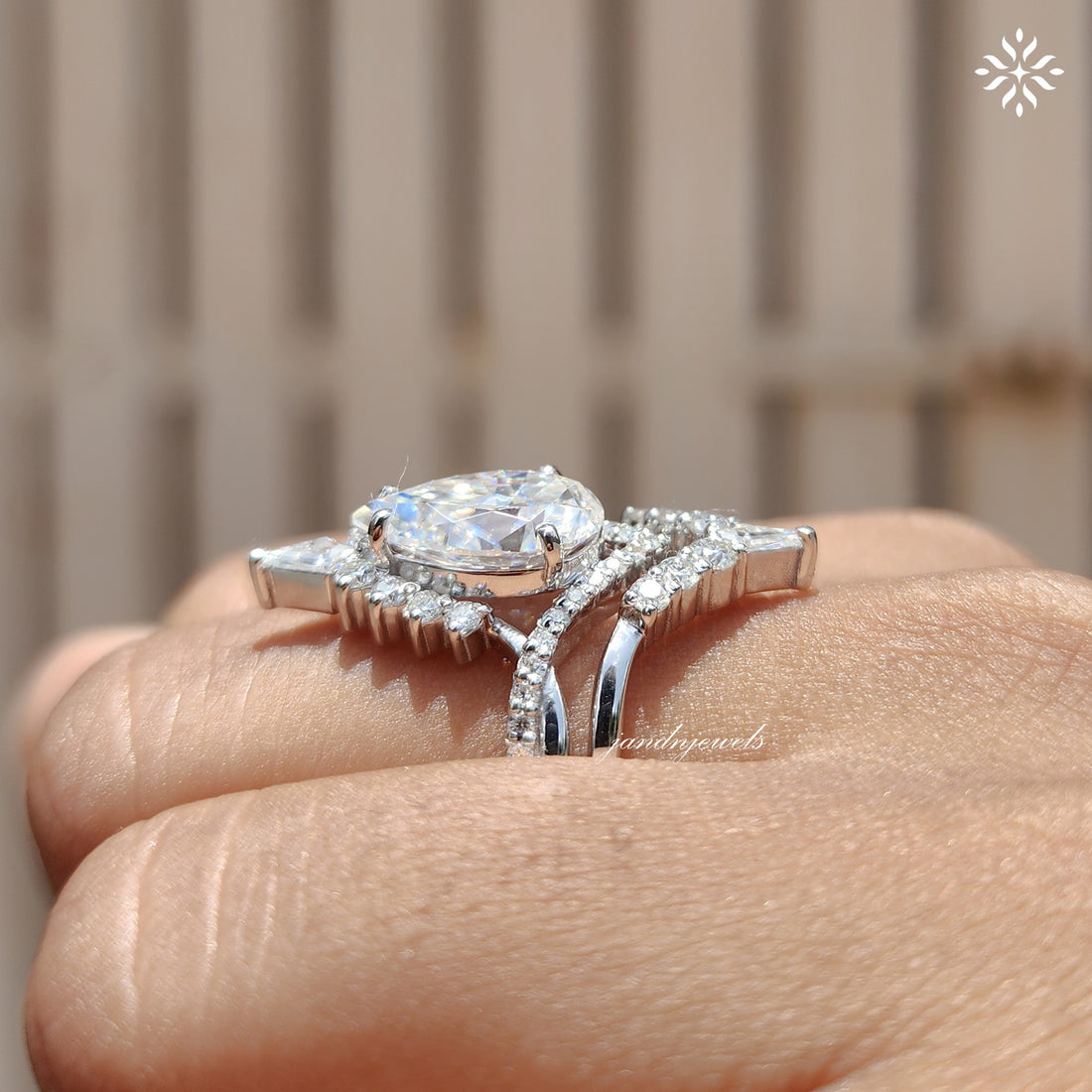 3CT Pear Cut Moissanite Engagement Ring Set Vintage Halo Bridal Ring Unique Chevron Wedding Ring Set