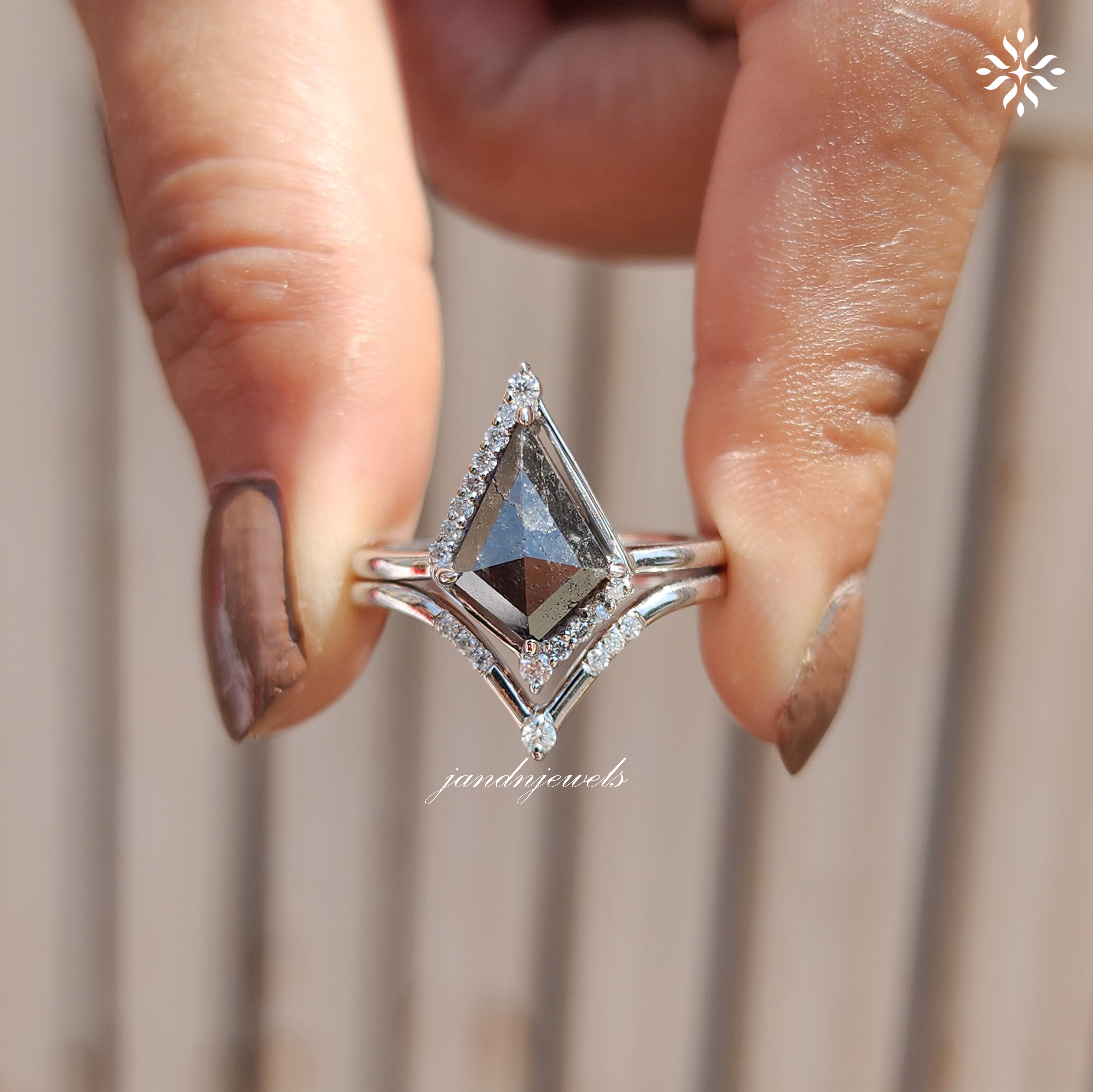Kite Cut Salt and Pepper Diamond Bridal Ring Set Art Deco Engagement Ring Art Deco Wedding Ring Alternative Bridal Gift for Her