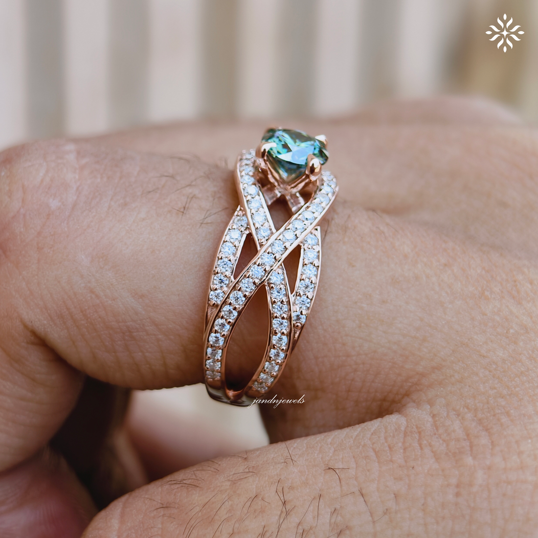 Cyan Blue Round Cut Moissanite Engagement Ring, Floral Wedding Ring, Unique Pave Band, 14K Gold Ring, Diamond Ring, Anniversary Ring