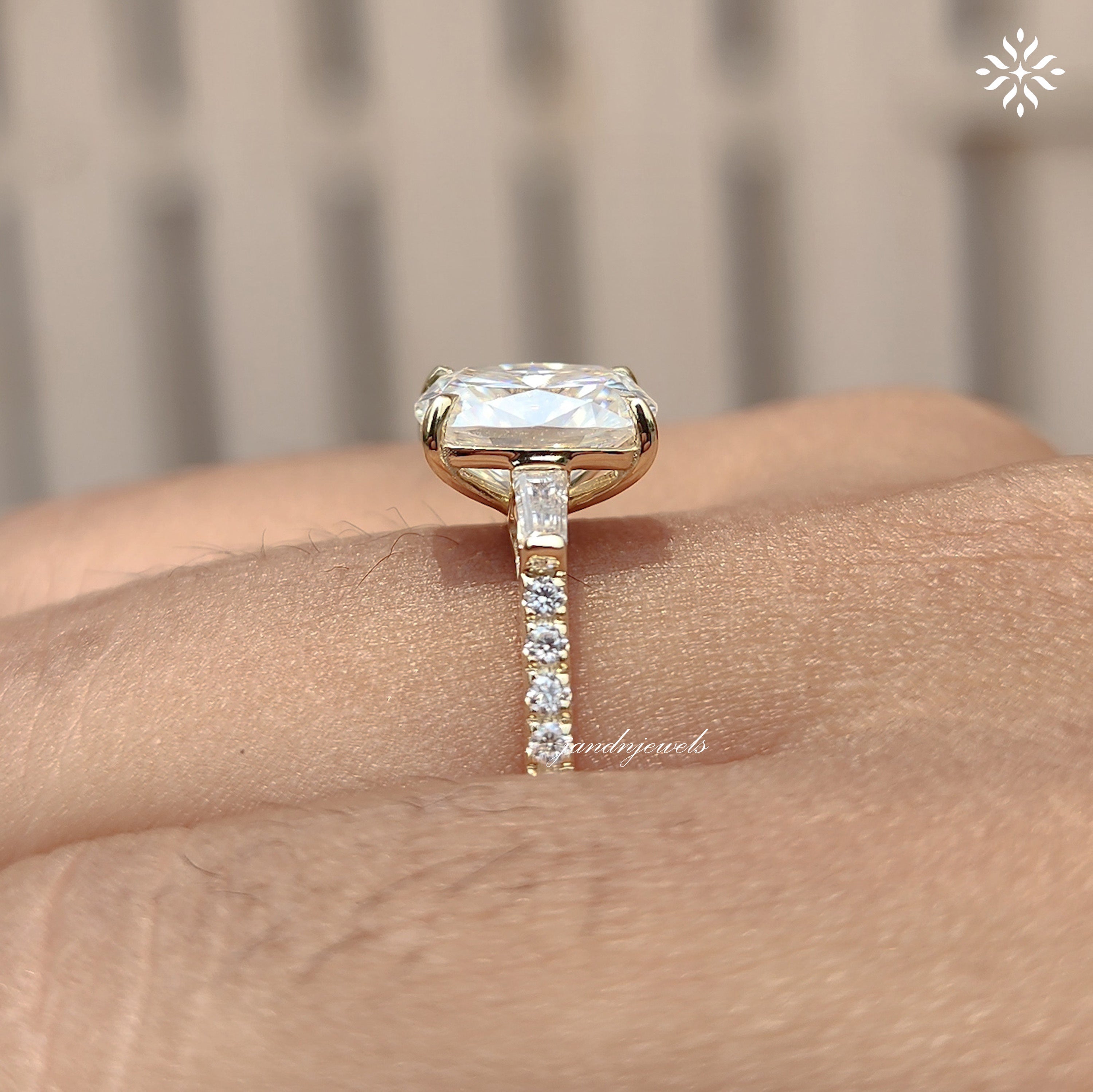 Three Stone Cushion Cut Moissanite Engagement Ring Side Stone Baguette Diamond Ring