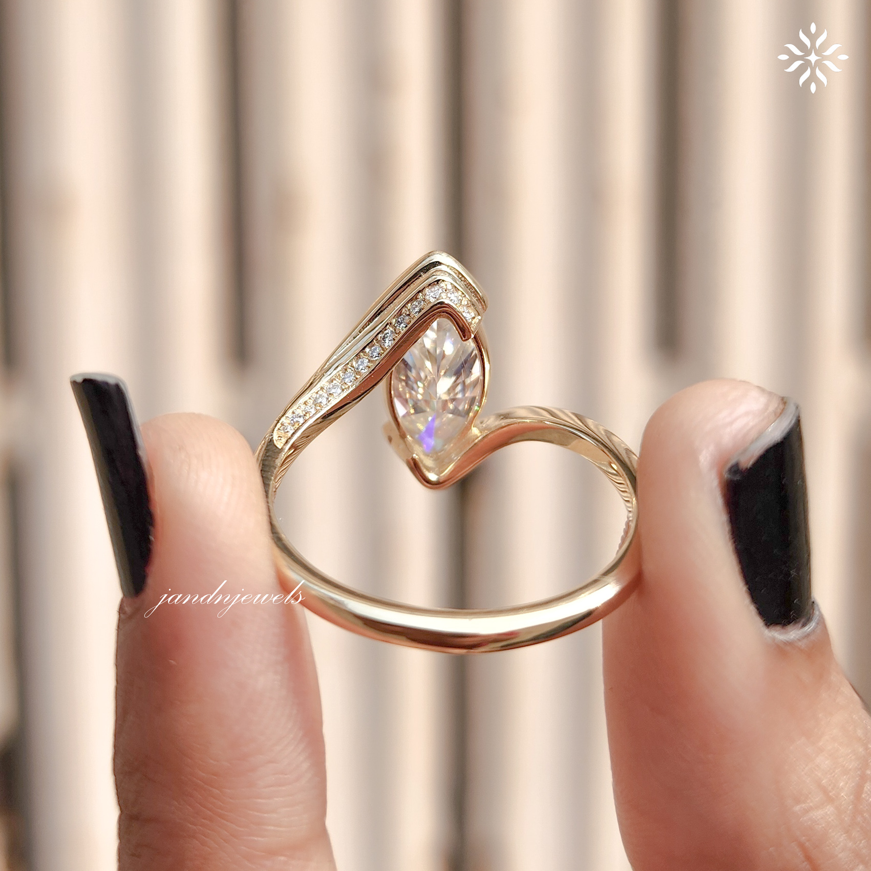 Marquise Moissanite Wrap Ring, Curved Pave Gold Band, Elegant Unique Engagement Ring for Women