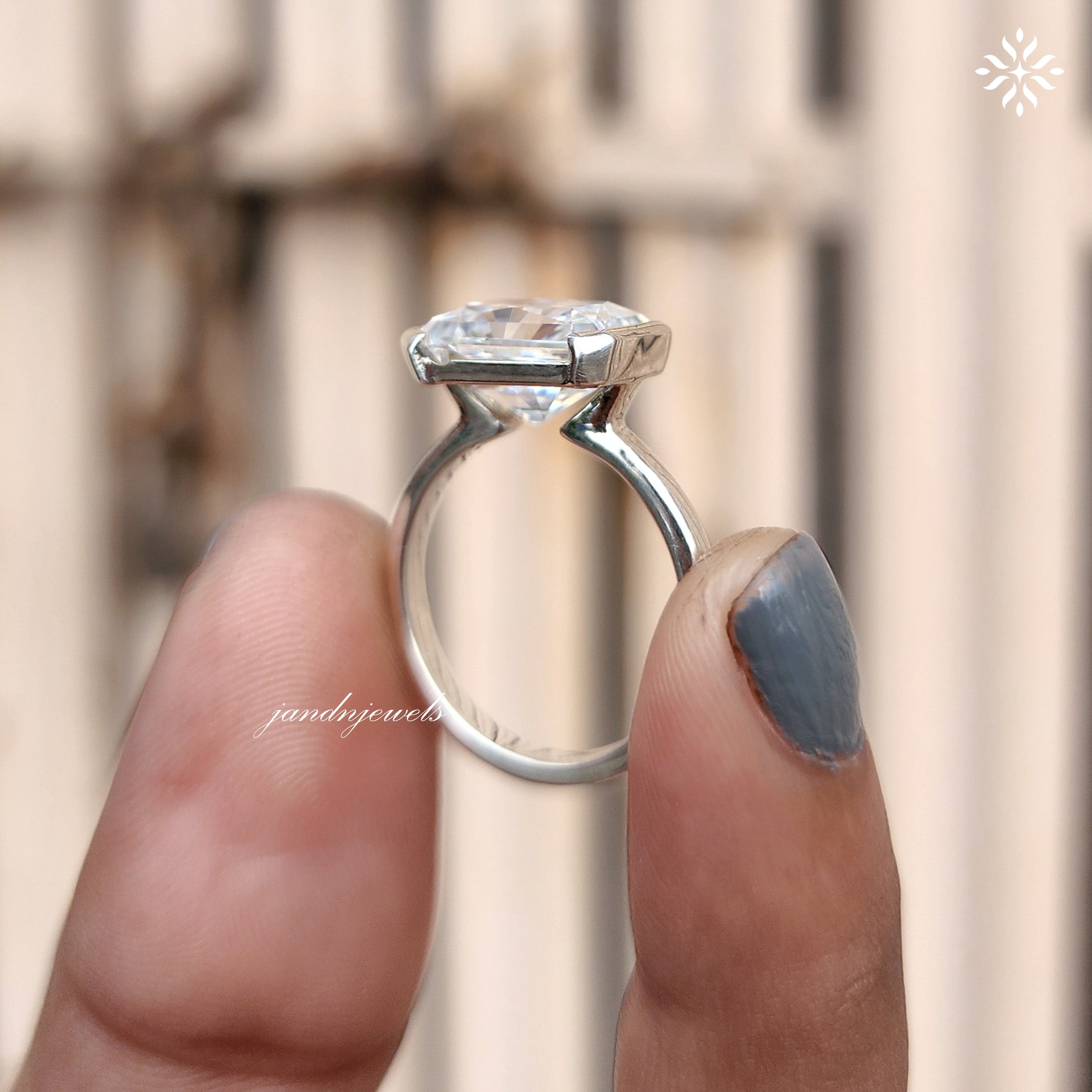 Half Bezel Set Radiant Cut Moissanite Engagement Ring East West Radiant Diamond Wedding Gift Handmade Ring Open Shank Custom Bridal Ring