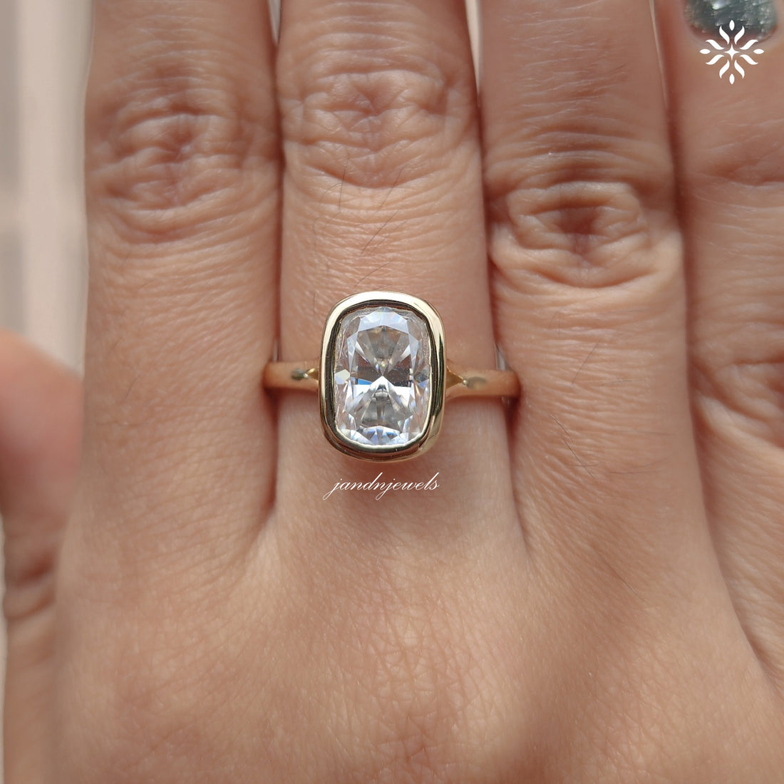 2CT Elongated Cushion Cut Engagement Ring Bezel Set Unique Split Shank And Cathedral Setting Ring 14K Solid Gold Ring