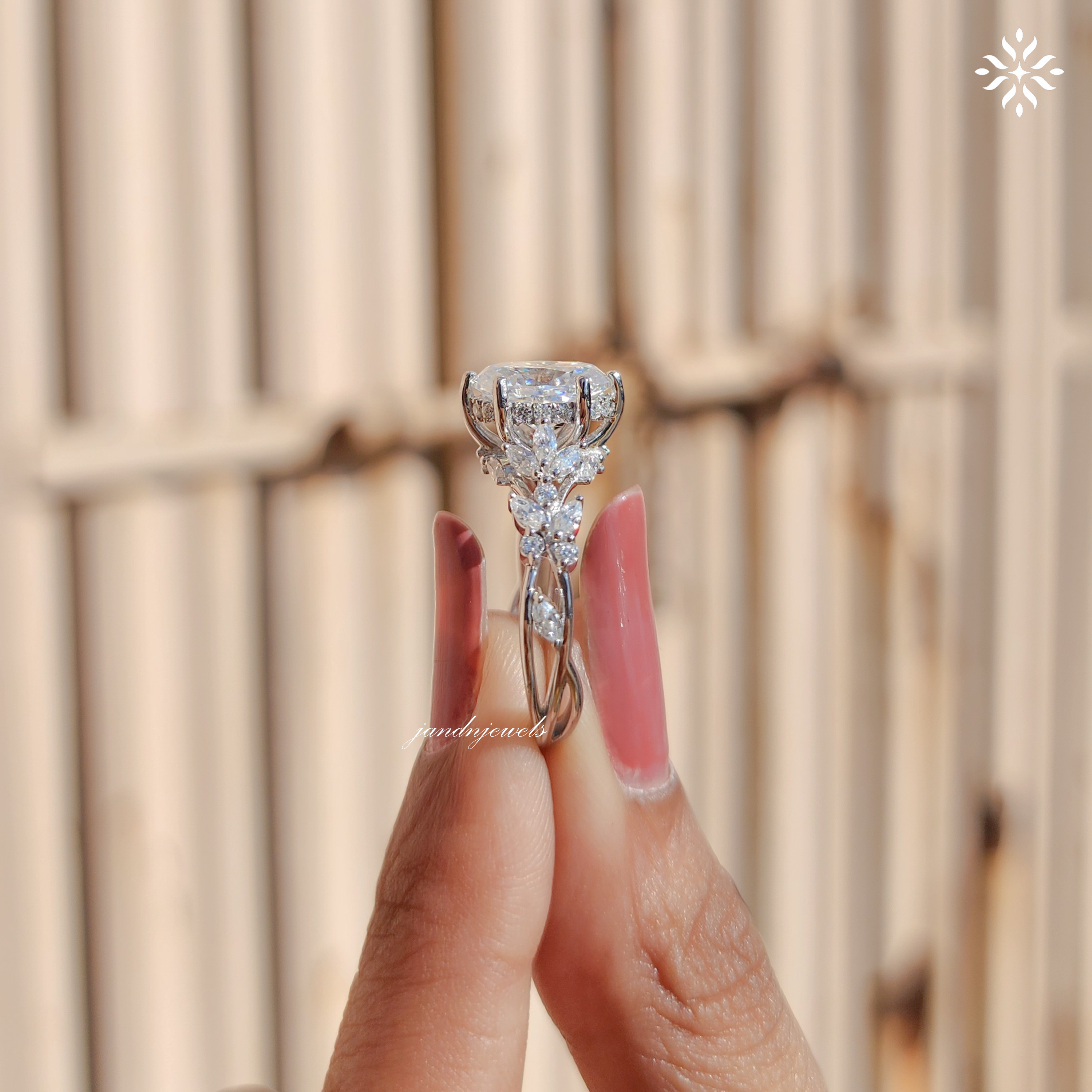 Oval Moissanite Ring, Nature Inspired Floral Diamond Band, Unique Vintage Gold Engagement Ring
