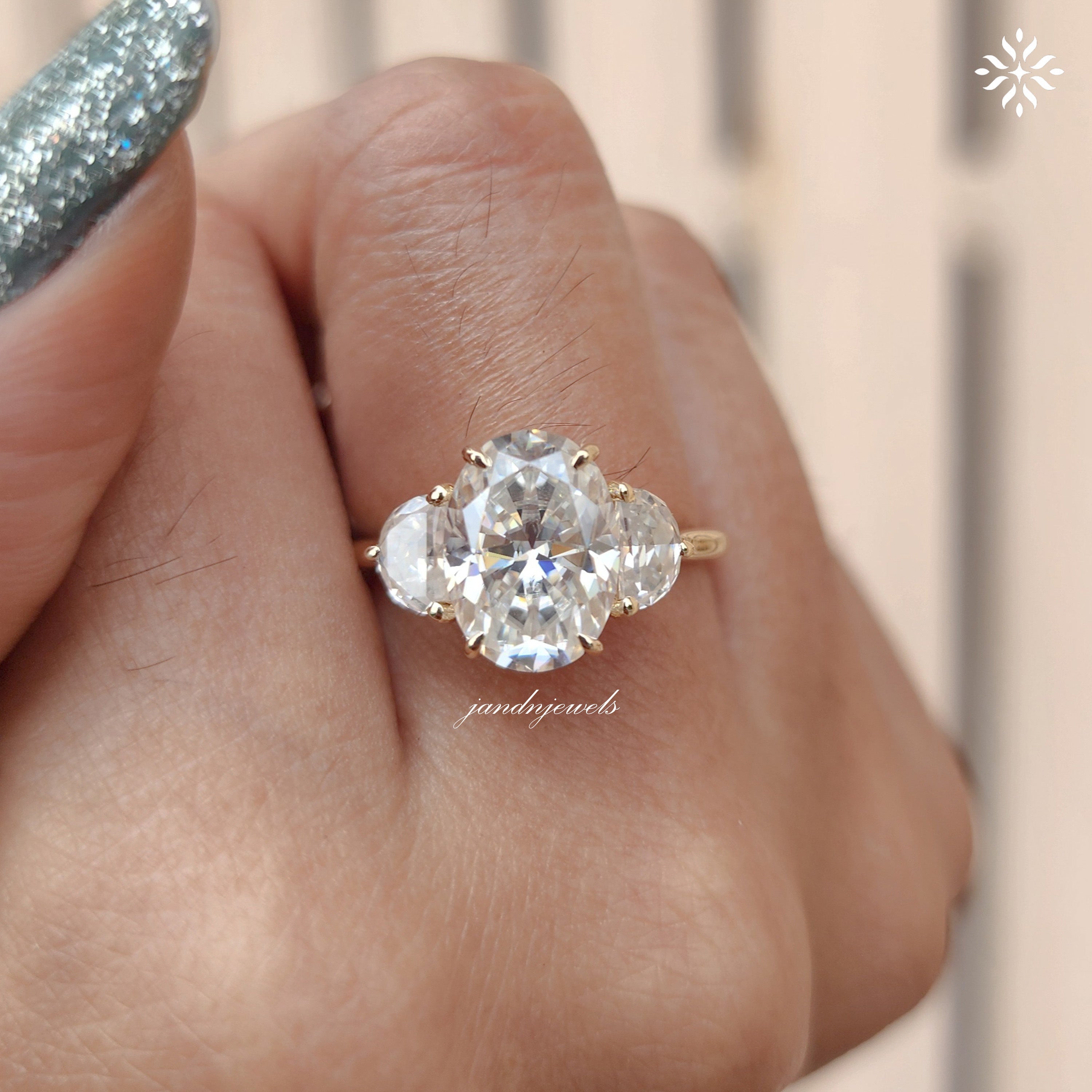 4CT Oval Cut Moissanite Engagement Ring Three Stone Half Moon Ring