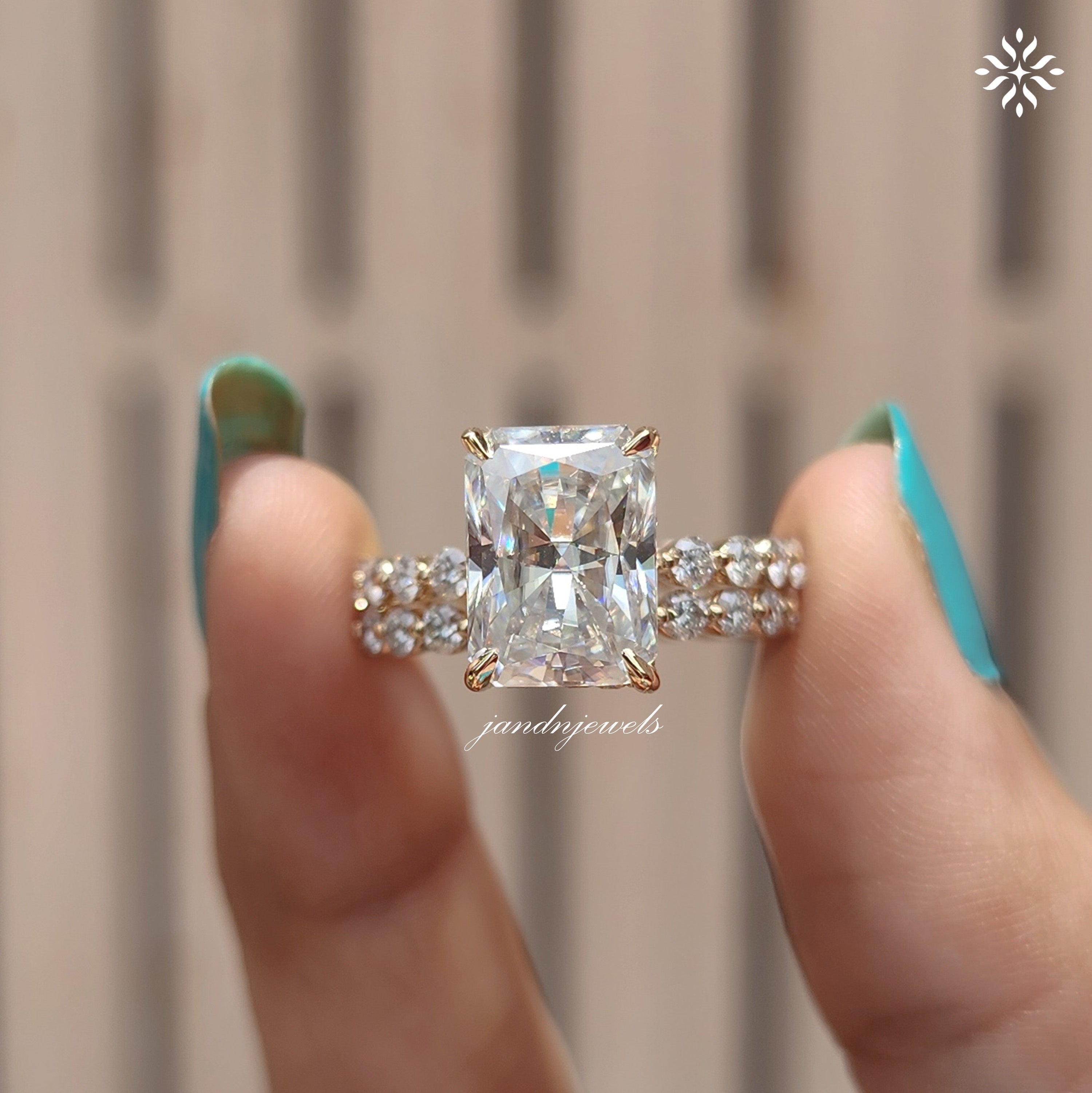 4CT Radiant Cut Moissanite Engagement Ring Set Bubble Band Ring Wedding Ring Set Bridal Ring Set Hidden Halo Ring