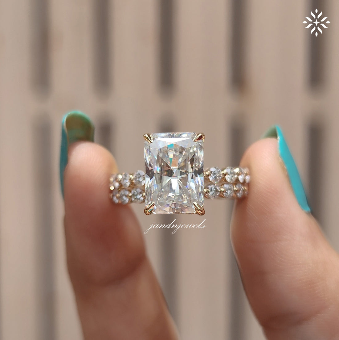 4CT Radiant Cut Moissanite Engagement Ring Set Bubble Band Ring Wedding Ring Set Bridal Ring Set Hidden Halo Ring