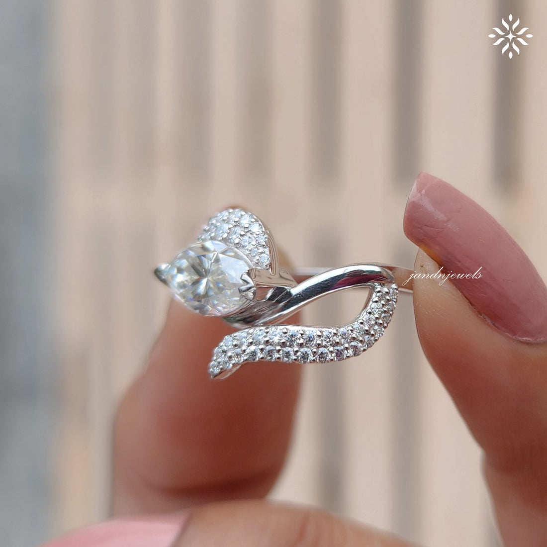 Marquise Moissanite Engagement Ring, Twisted Pave Diamond Band, Unique Swirl Gold Statement Ring