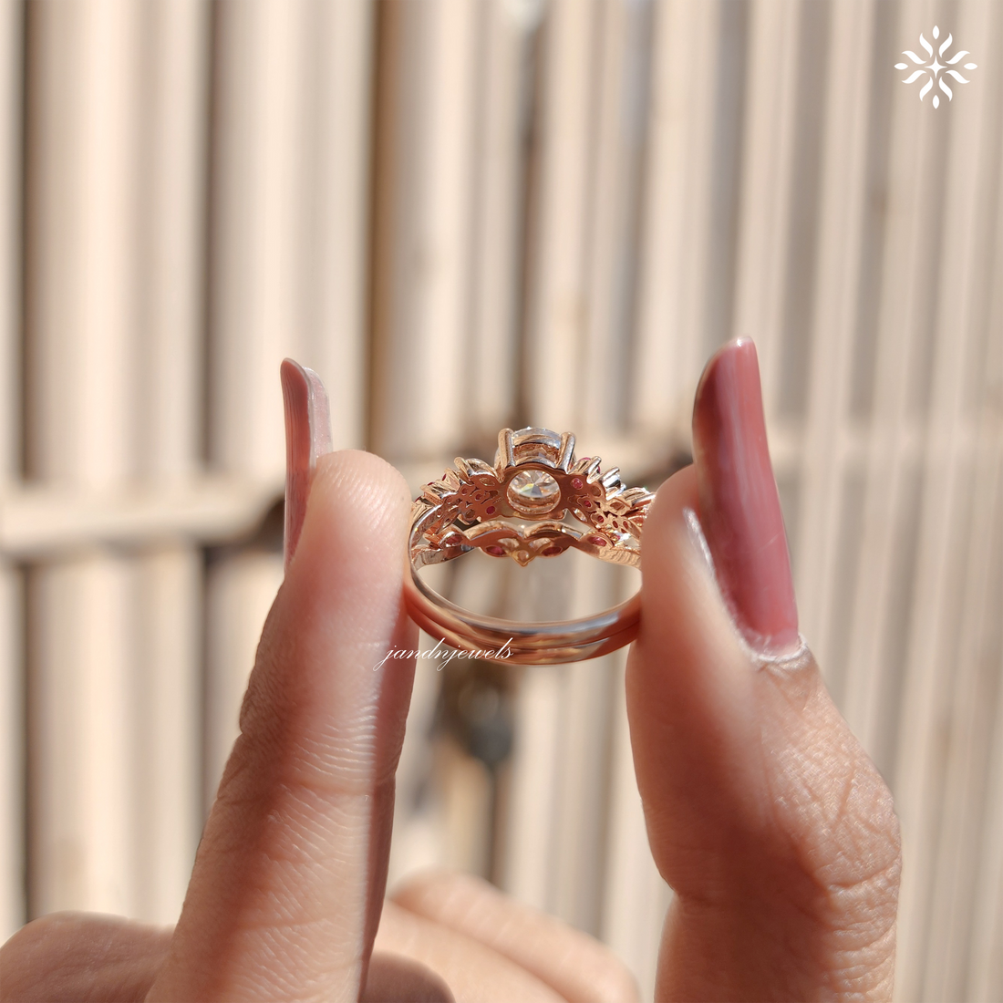 Round Cut Moissanite Engagement Ring Set lab Pink Sapphire Diamond Ring Vintage Rose Gold Bridal Ring Set Amethyst wedding Art Deco Ring Everbee logo Analyze listing