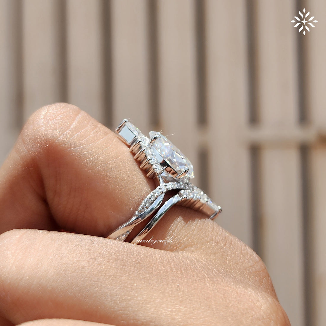 3CT Pear Cut Moissanite Engagement Ring Set Vintage Halo Bridal Ring Unique Chevron Wedding Ring Set