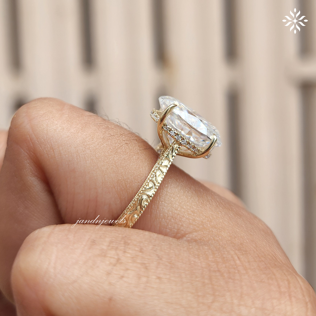 Art Deco Engraved Oval Moissanite Engagement Ring 14K Gold Ring Hidden Halo Oval Solitaire Ring Unique Wedding Ring Promise Anniversary Ring