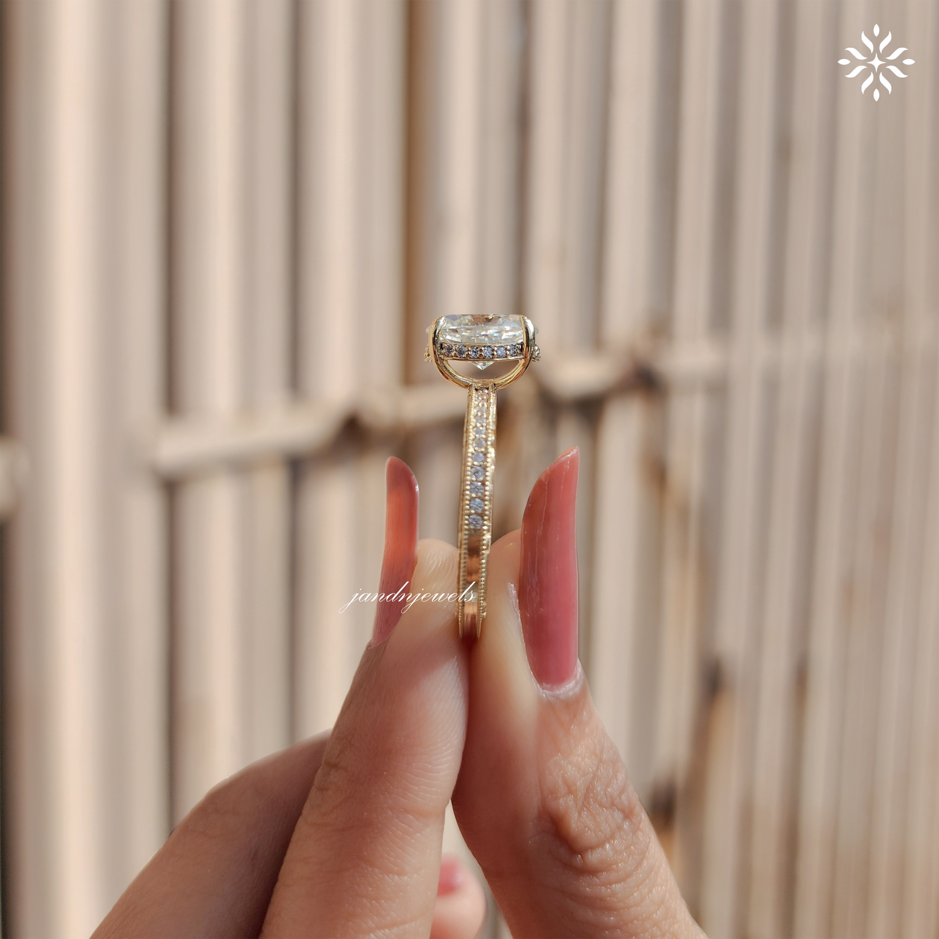 2CT Oval Cut Moissanite Engagement Ring Solitaire Diamond Ring Handcrafted Engraved Wedding Band 14K Solid Gold Hidden Halo Ring