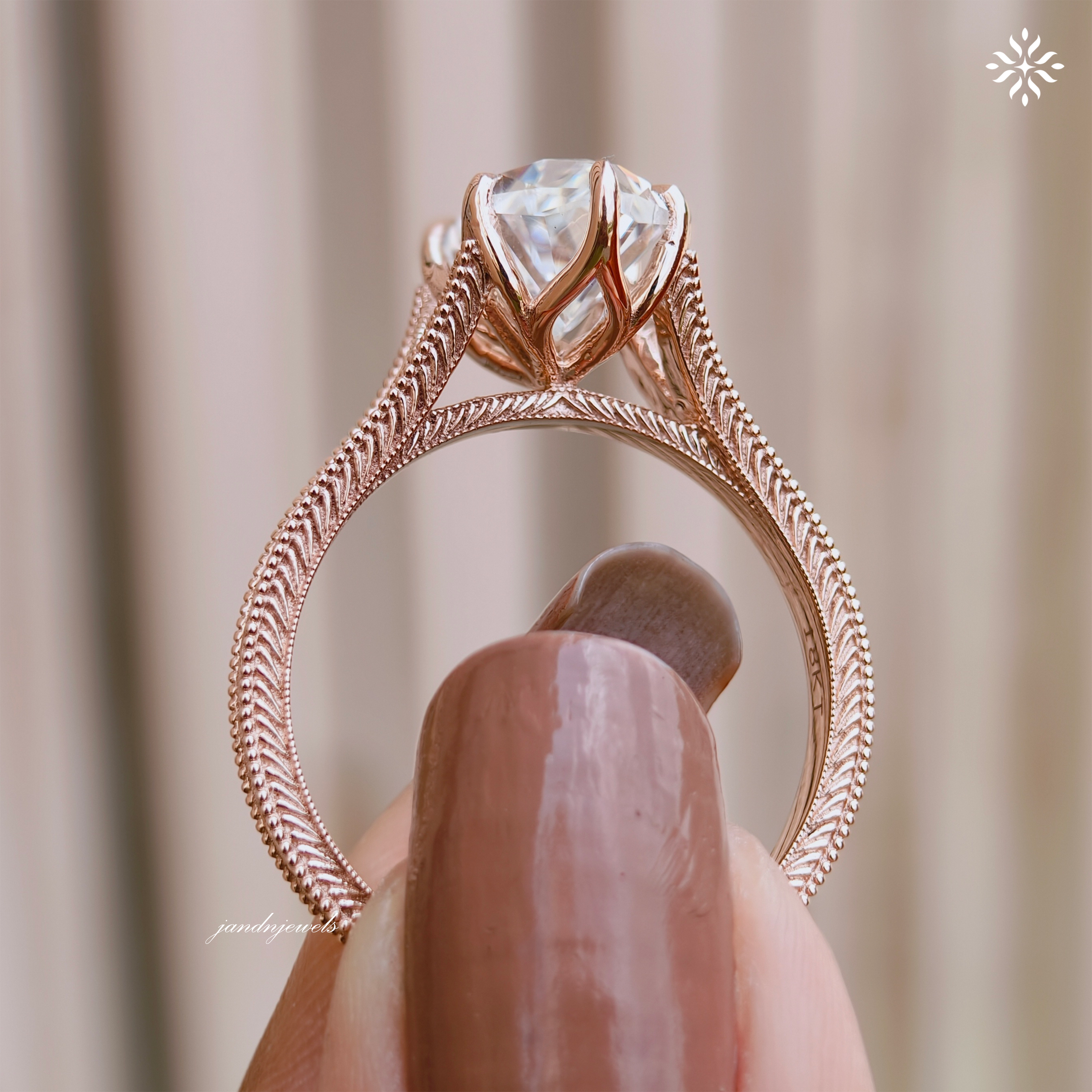 Dutch Marquise Moissanite Engagement Ring Art Deco Engraved Band Solitaire Ring 14K Gold Six Prong Designer Bridal Ring For Her