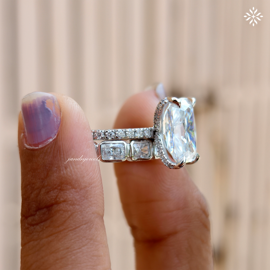 Radiant Cut Moissanite Bridal Set For Women Horizontal Radiant Cut Matching Full Eternity Band Hidden Halo Promise Ring Set Bridal Ring Set