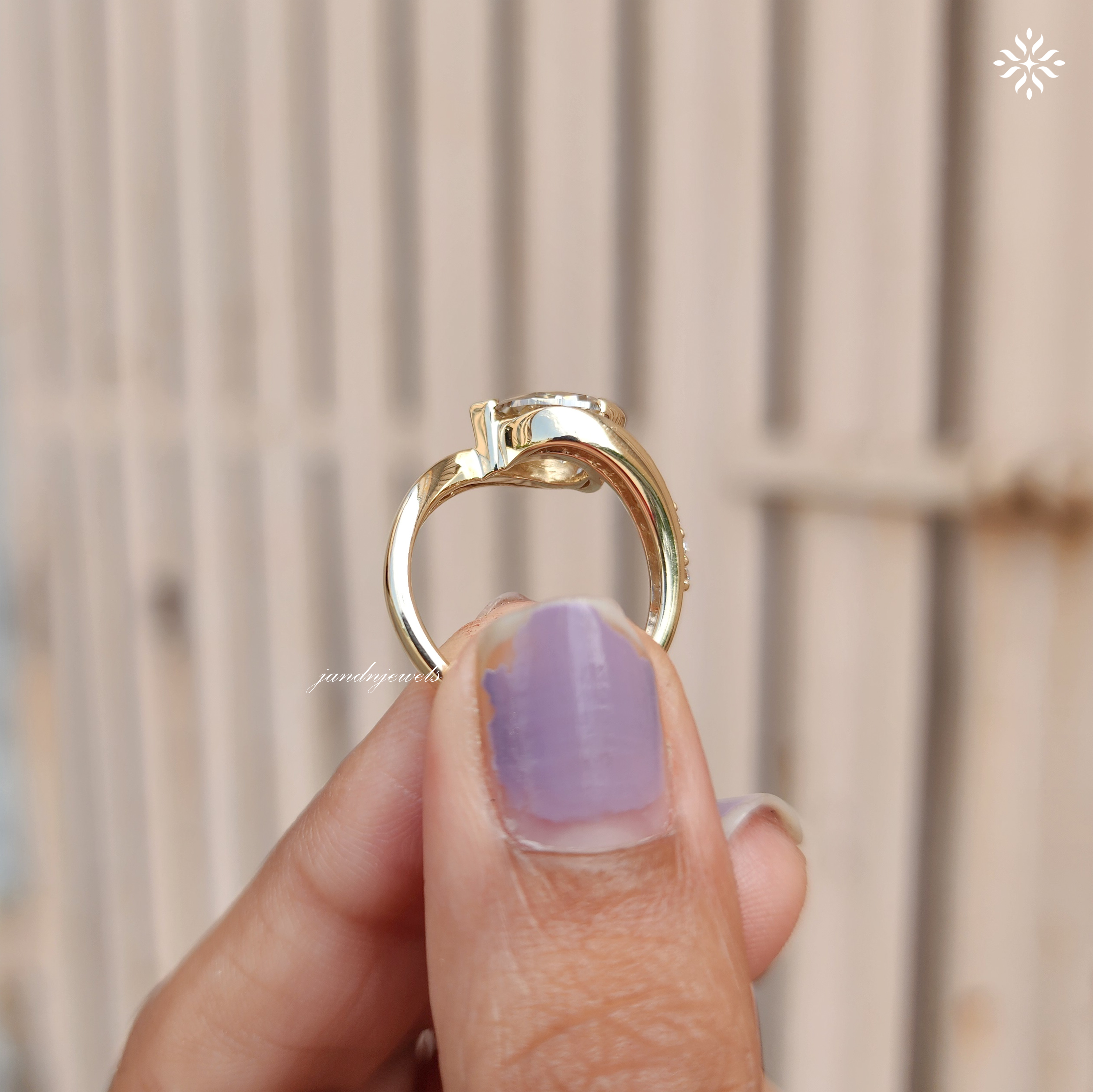 Champagne Pear Cut Moissanite Ring, Curved Pave Band, Asymmetrical Gold Engagement Ring