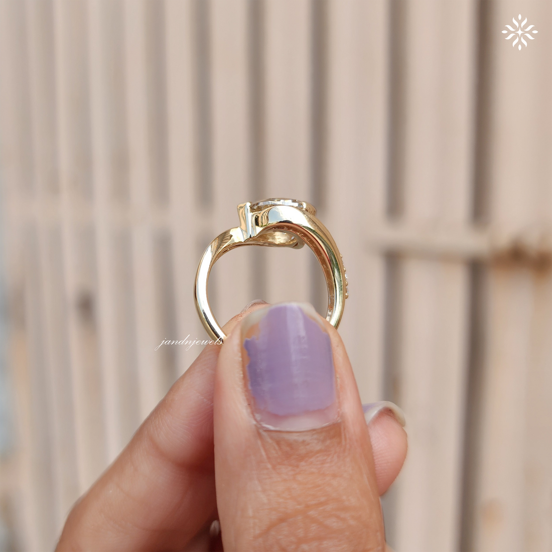 Champagne Pear Cut Moissanite Ring, Curved Pave Band, Asymmetrical Gold Engagement Ring