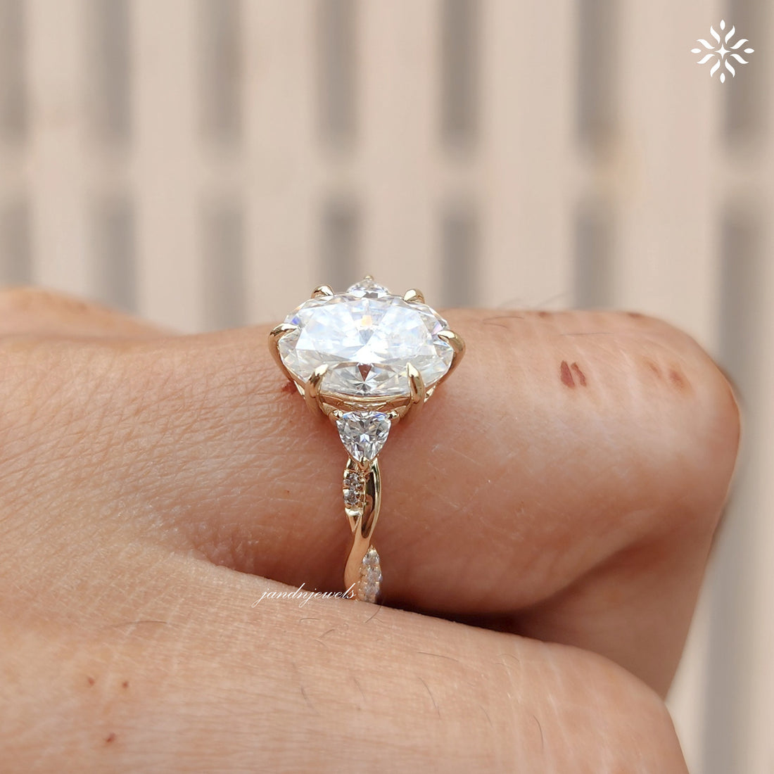 Three Stone oval Cut Moissanite Engagement Ring Twisted Band Wedding Ring Side Stone Trillion Side Stone Ring