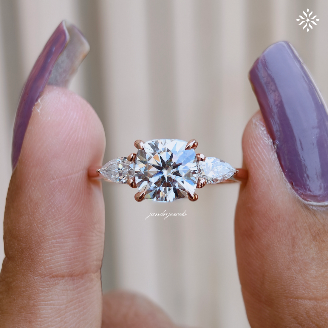 2CT Three Stone Cushion Cut Moissanite Diamond Ring Trilogy Wedding Ring Side Stone Pear Shaped Ring Classic Ring