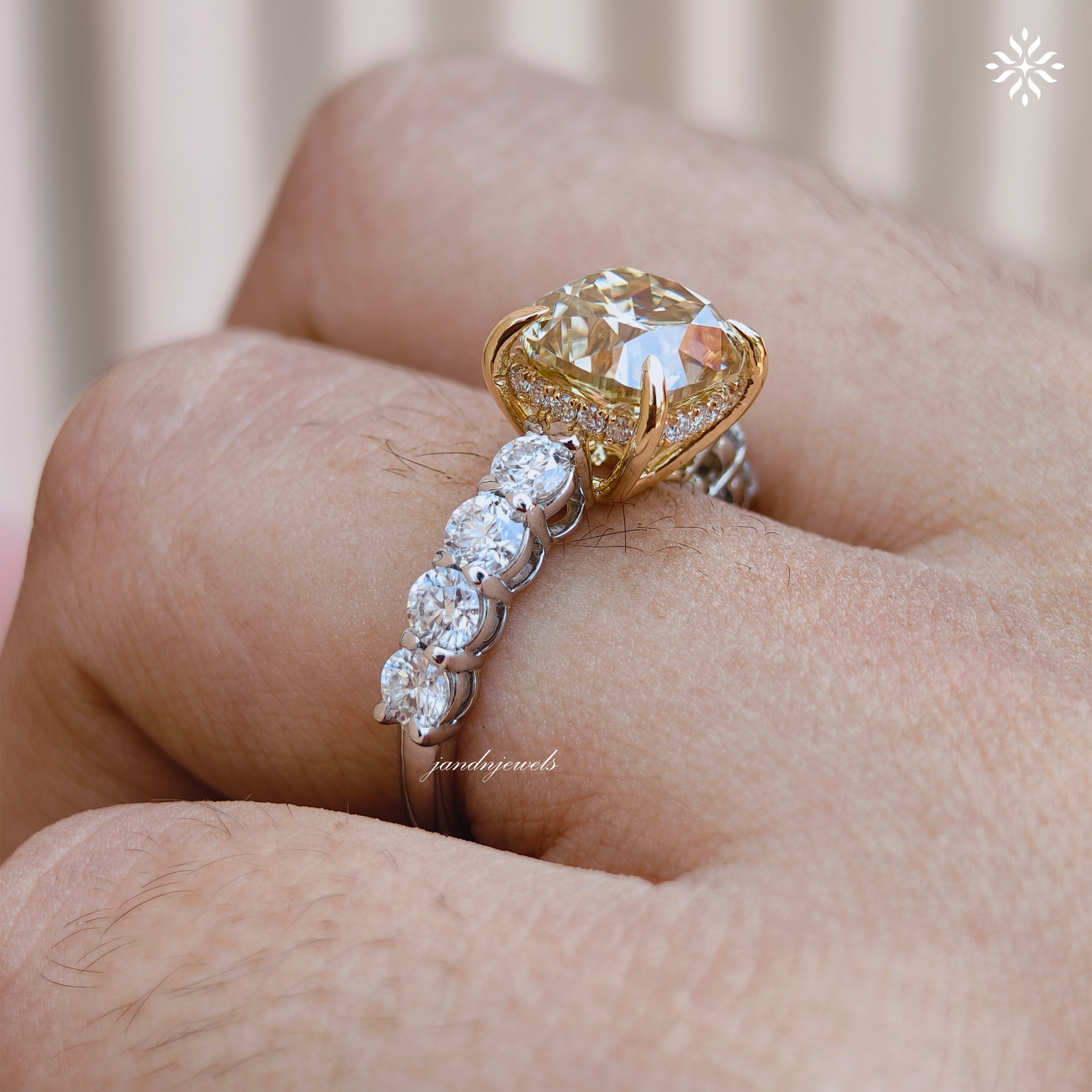 Fancy Intense Yellow Cushion Cut Lab Grown Diamond Engagement Ring Two Tone Ring Hidden Halo Ring Cathedral Setting Ring