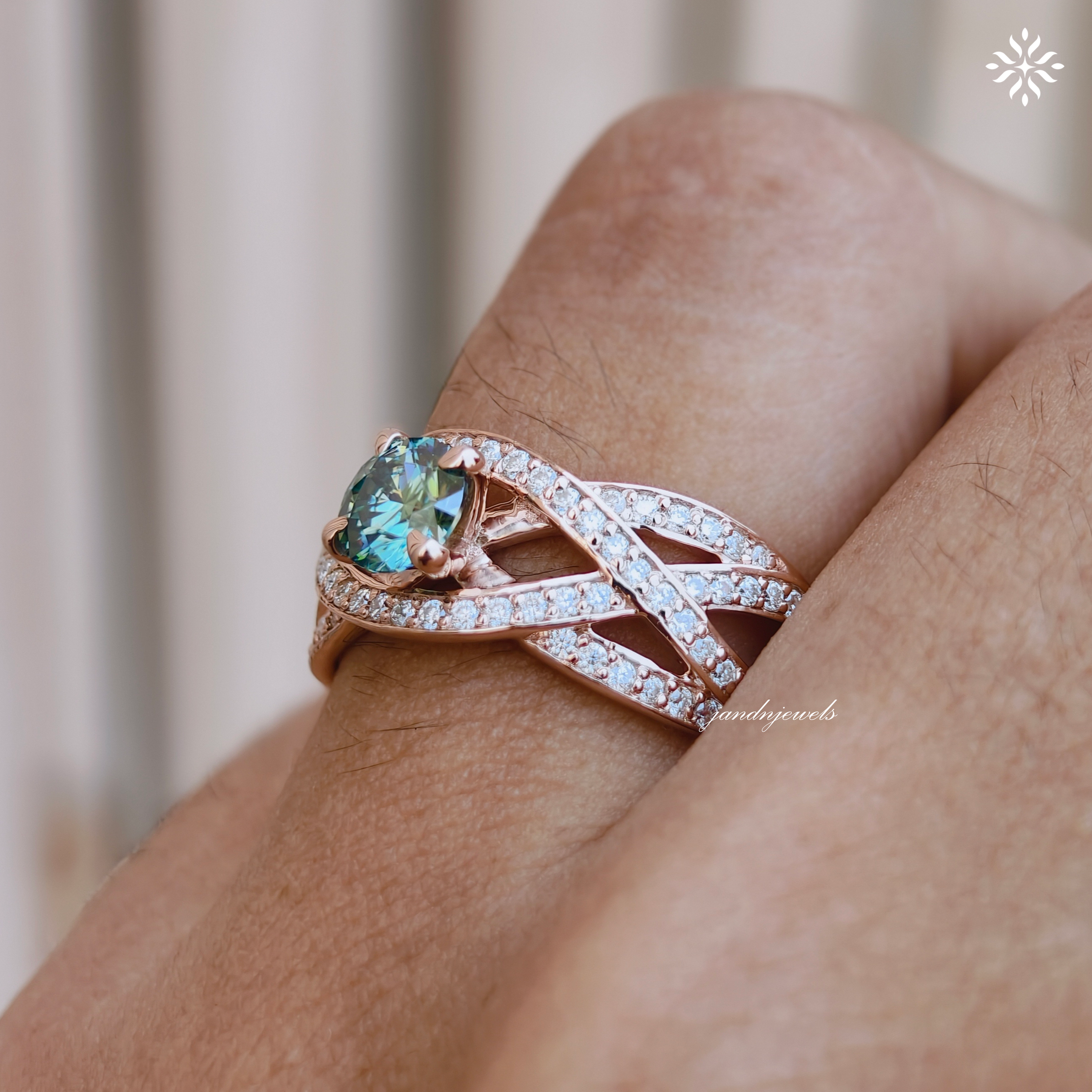 Cyan Blue Round Cut Moissanite Engagement Ring, Floral Wedding Ring, Unique Pave Band, 14K Gold Ring, Diamond Ring, Anniversary Ring