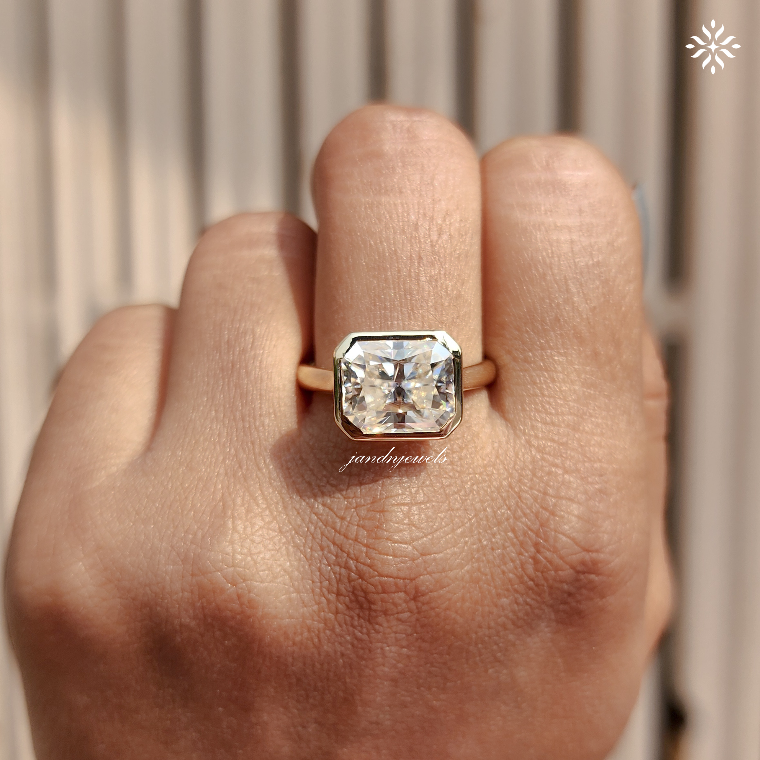 East West Radiant Cut Moissanite Engagement Ring Bezel Set Cathedral Setting Ring Solitaire Diamond Ring