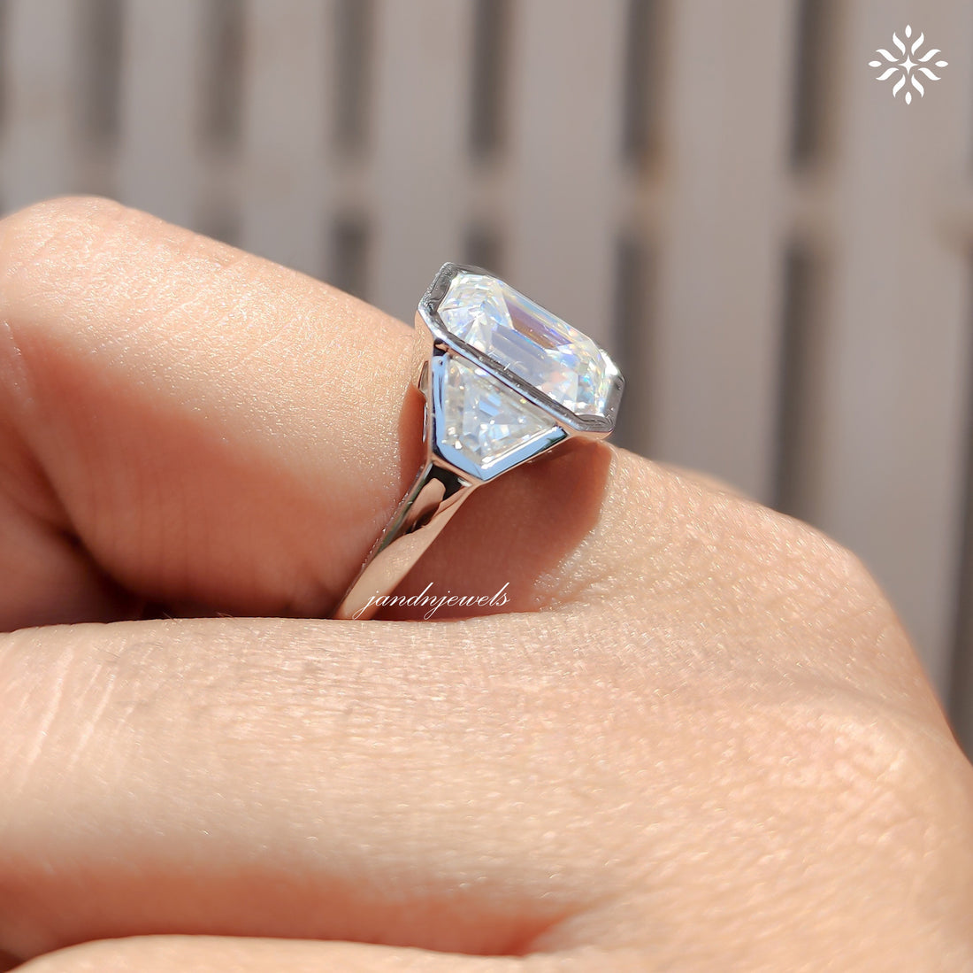 Three Stone Emerald Cut Moissanite Engagement Ring Bezel Set Diamond Ring Trilogy Ring for Her