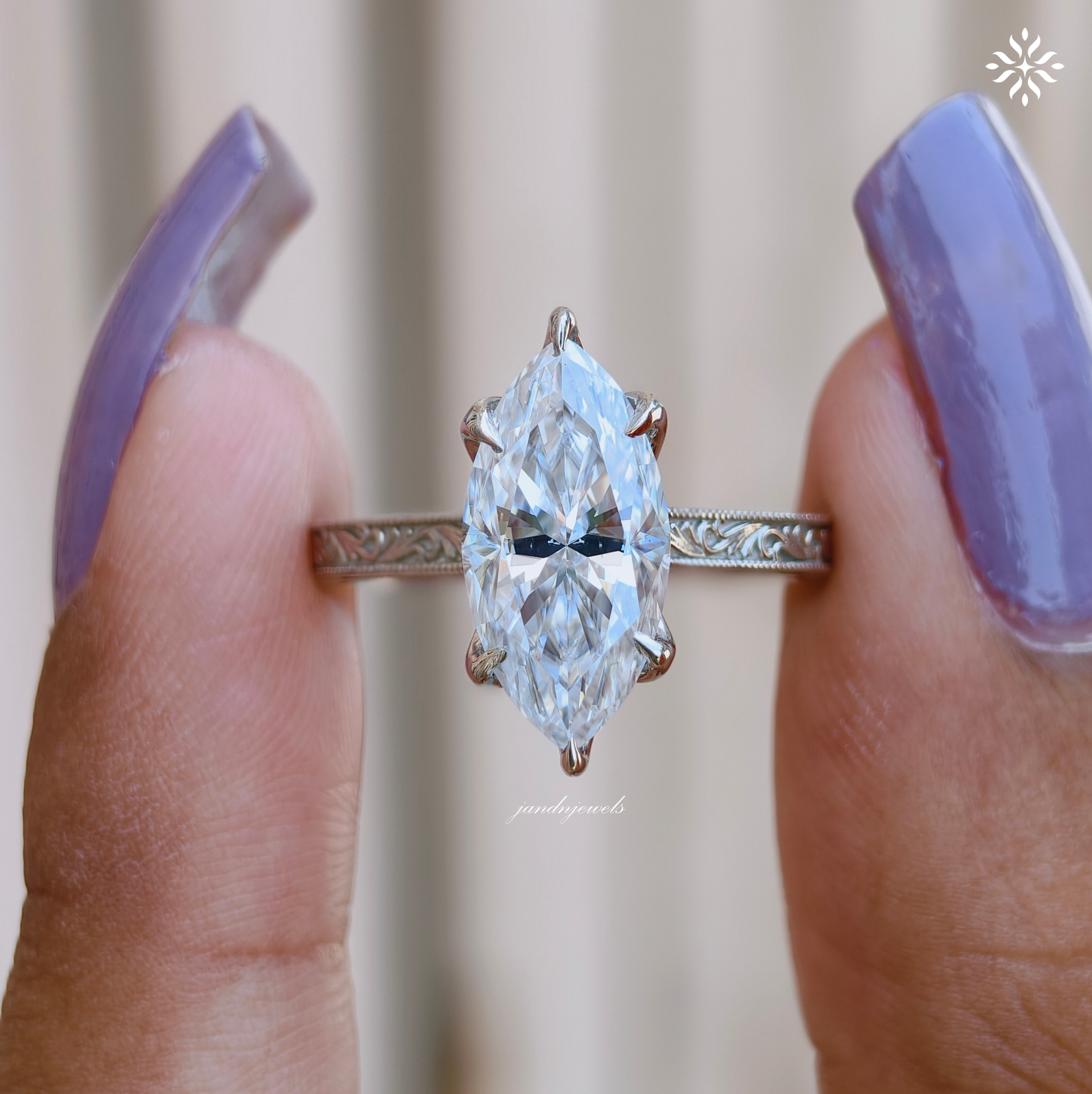2.5CT Filigree Marquise Cut Moissanite Engagement Ring Art Deco Engraved Band Solitaire Ring 14K Gold Six Prong Designer Bridal Ring for Her