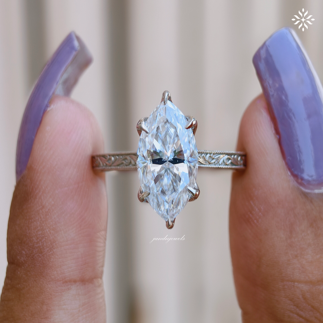 2.5CT Filigree Marquise Cut Moissanite Engagement Ring Art Deco Engraved Band Solitaire Ring 14K Gold Six Prong Designer Bridal Ring for Her
