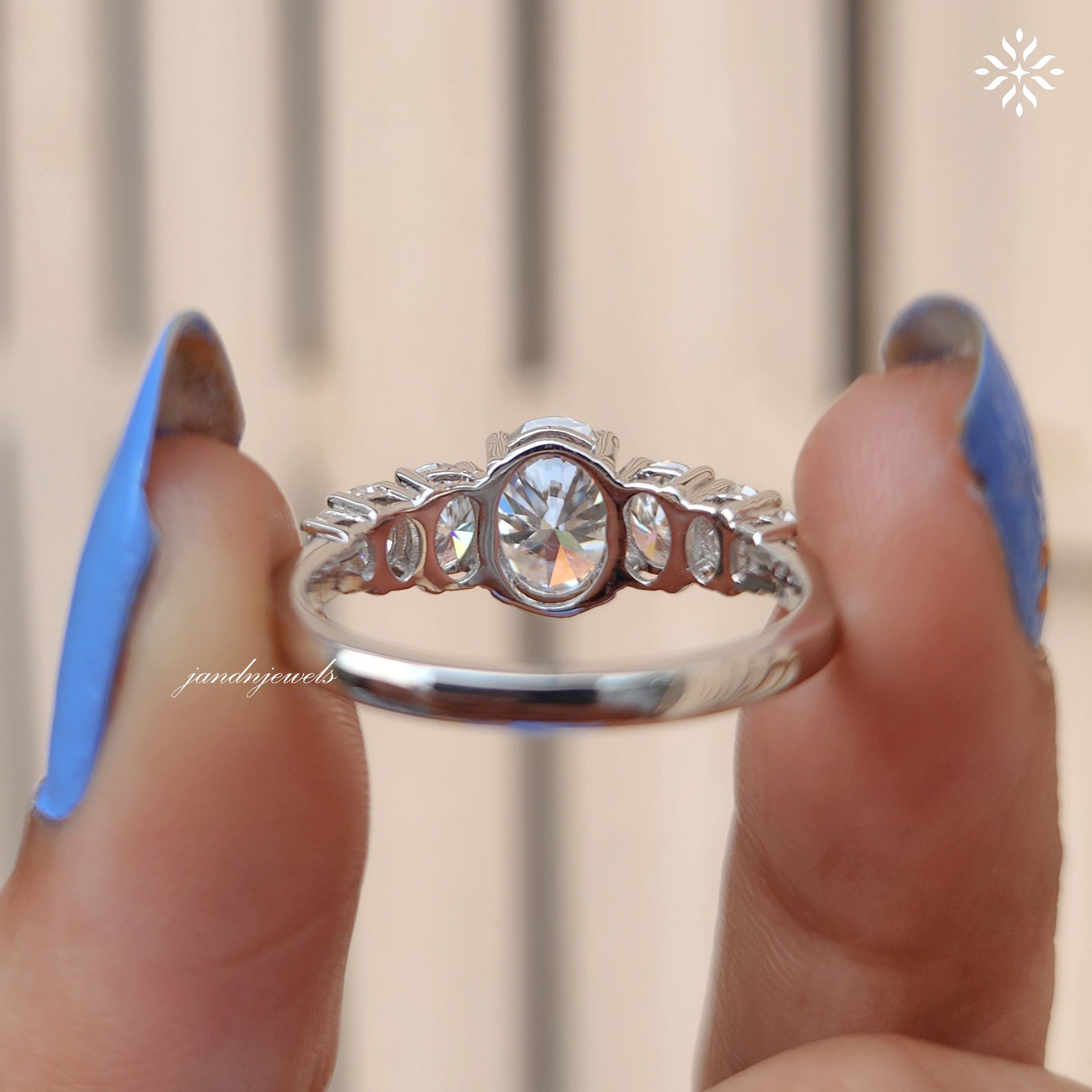 Oval Moissanite Ring with Graduated Side Stones Unique Eternity Engagement Ring Elegant White Gold Wedding Band for Her