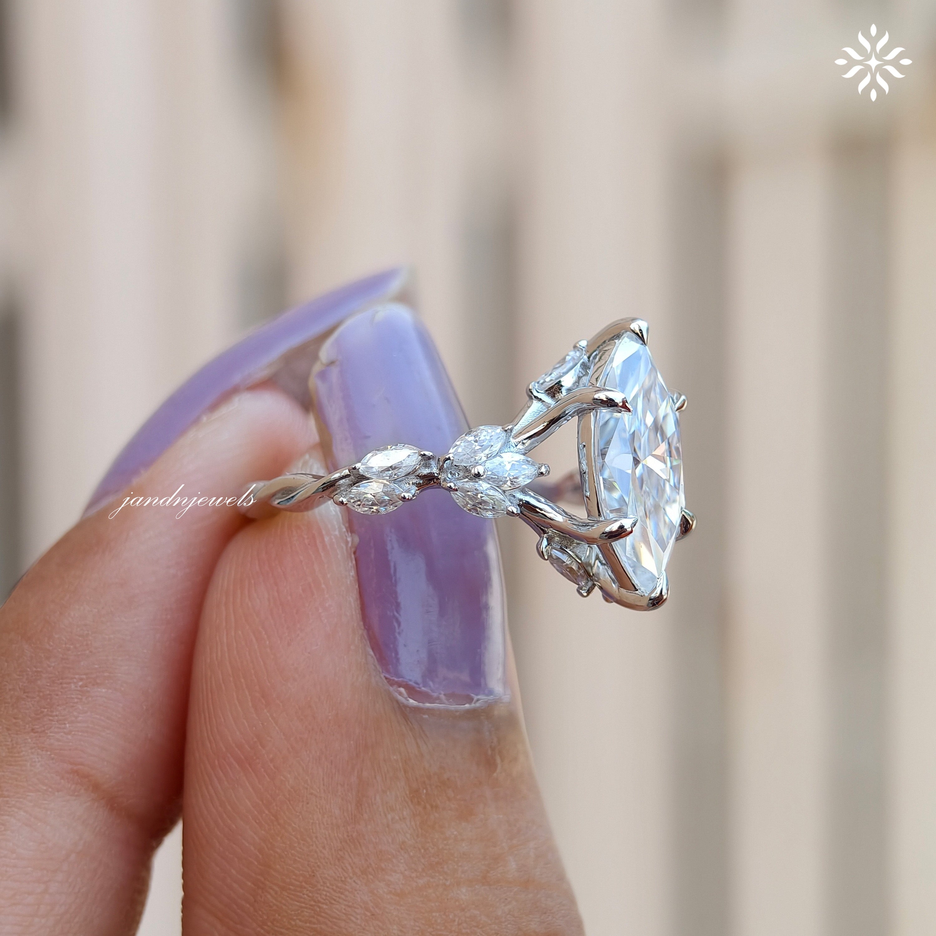2CT Marquise Cut Moissanite Engagement Ring 14K White Gold Floral Vine Art Deco Ring