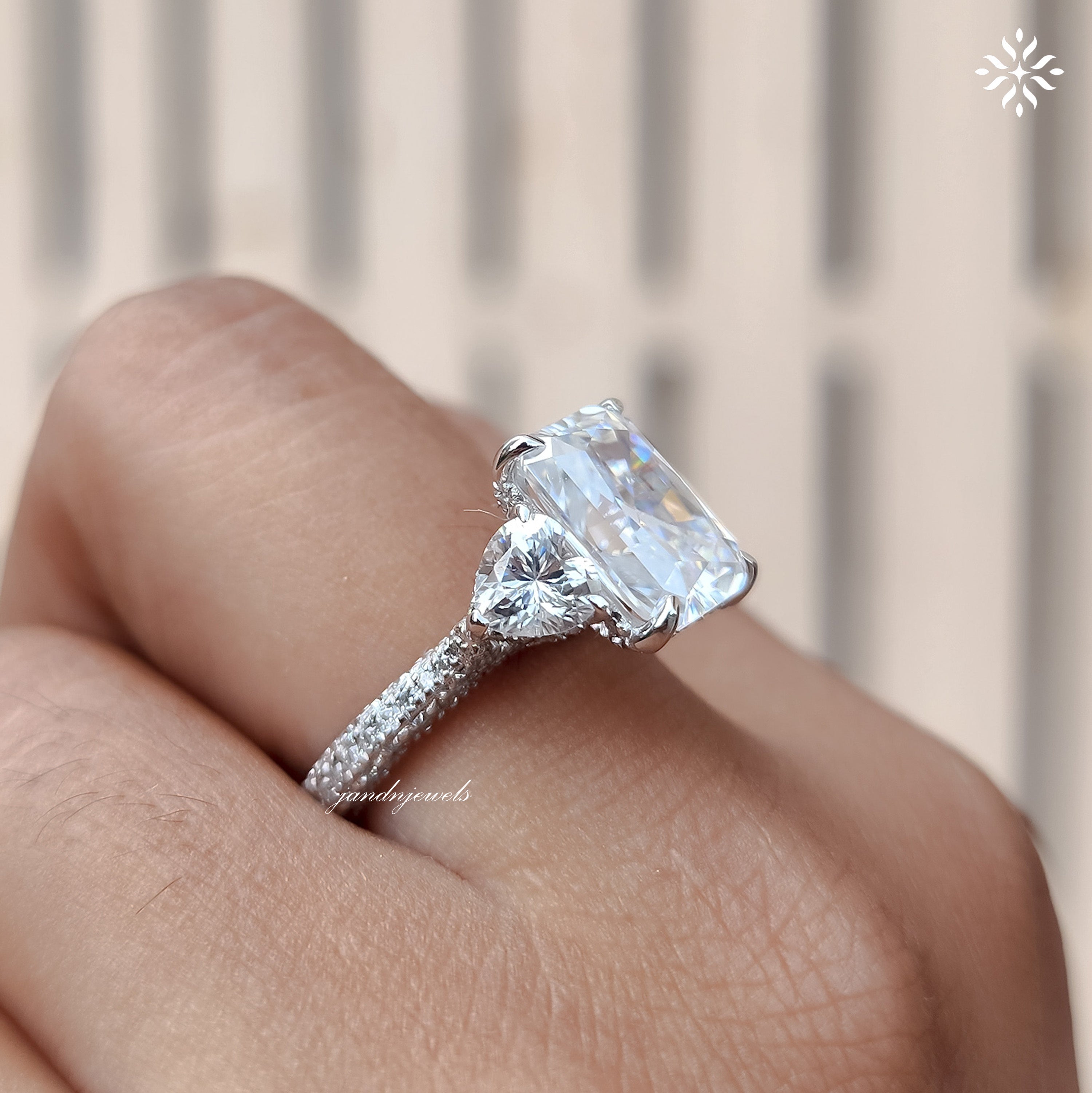 Three Stone Radiant Cut Moissanite Engagement Ring Side Stone Heart Ring