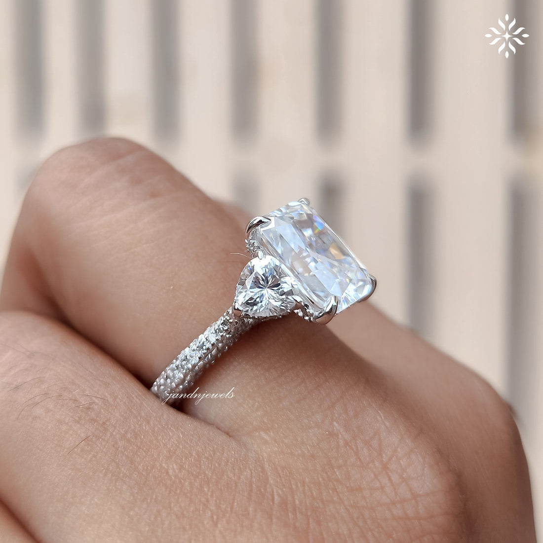 Three Stone Radiant Cut Moissanite Engagement Ring Side Stone Heart Ring