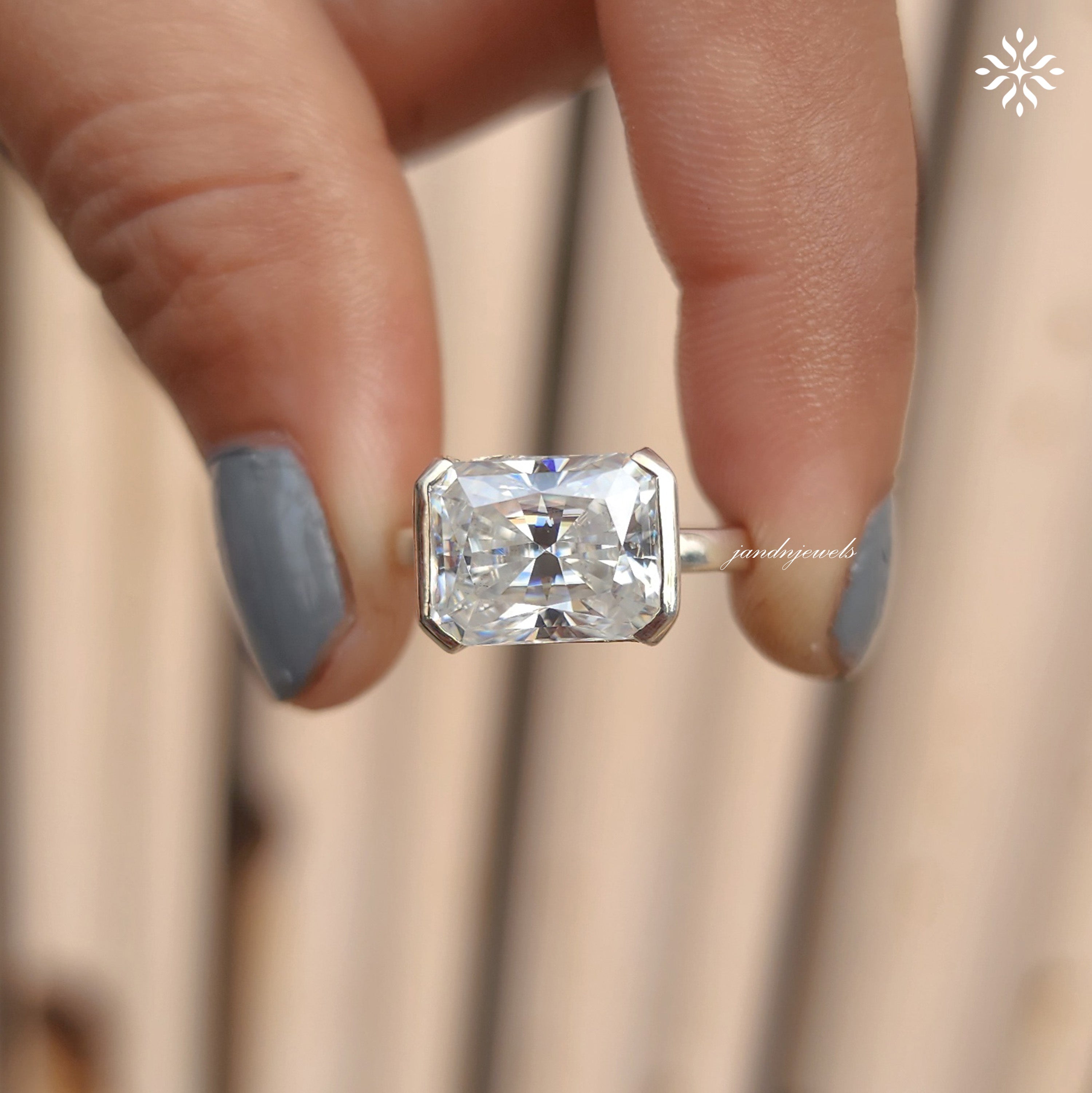 Half Bezel Set Radiant Cut Moissanite Engagement Ring East West Radiant Diamond Wedding Gift Handmade Ring Open Shank Custom Bridal Ring