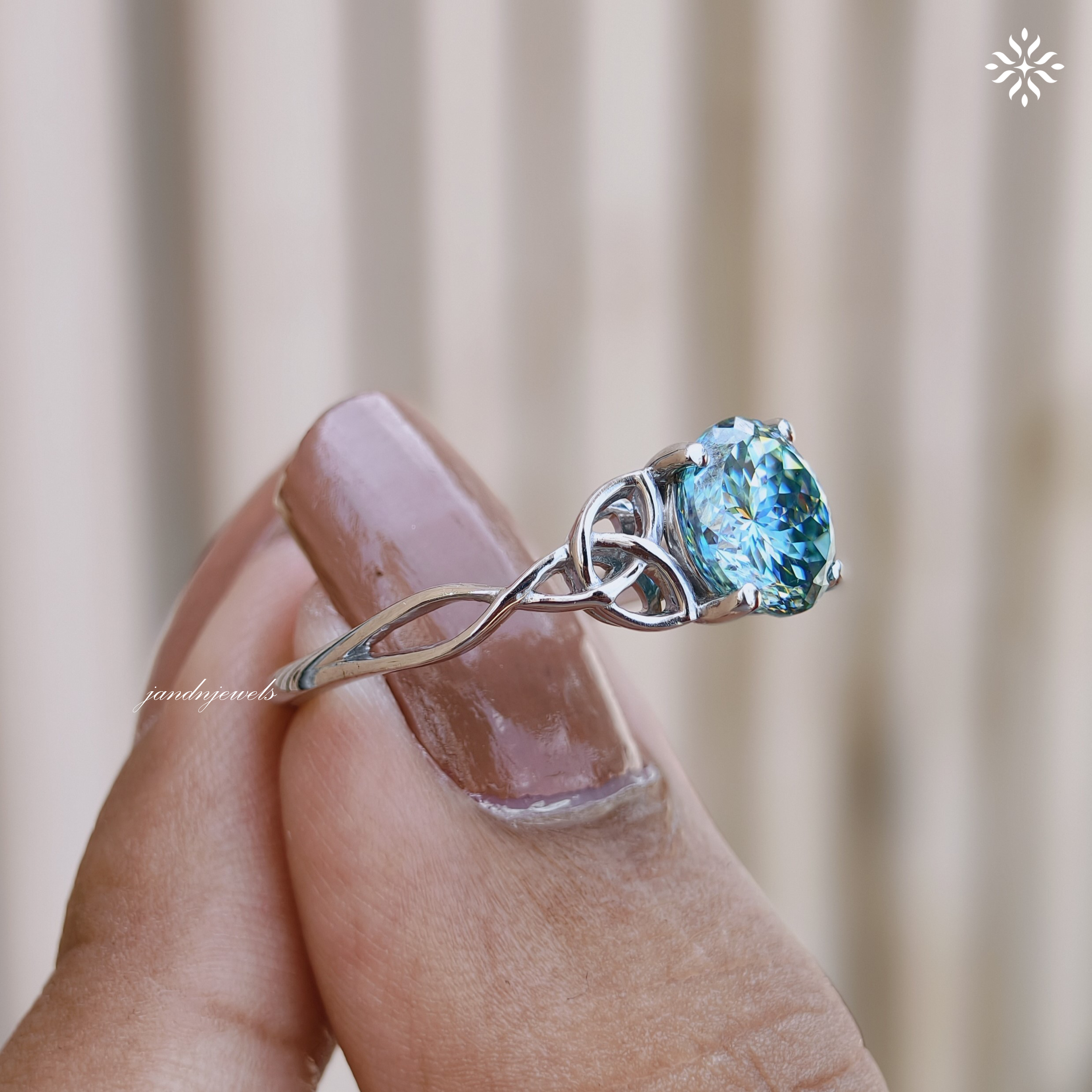 Vintage Celtic Knot Ring Cyan Blue Portuguese Cut Moissanite Engagement Ring Promise Ring for Her