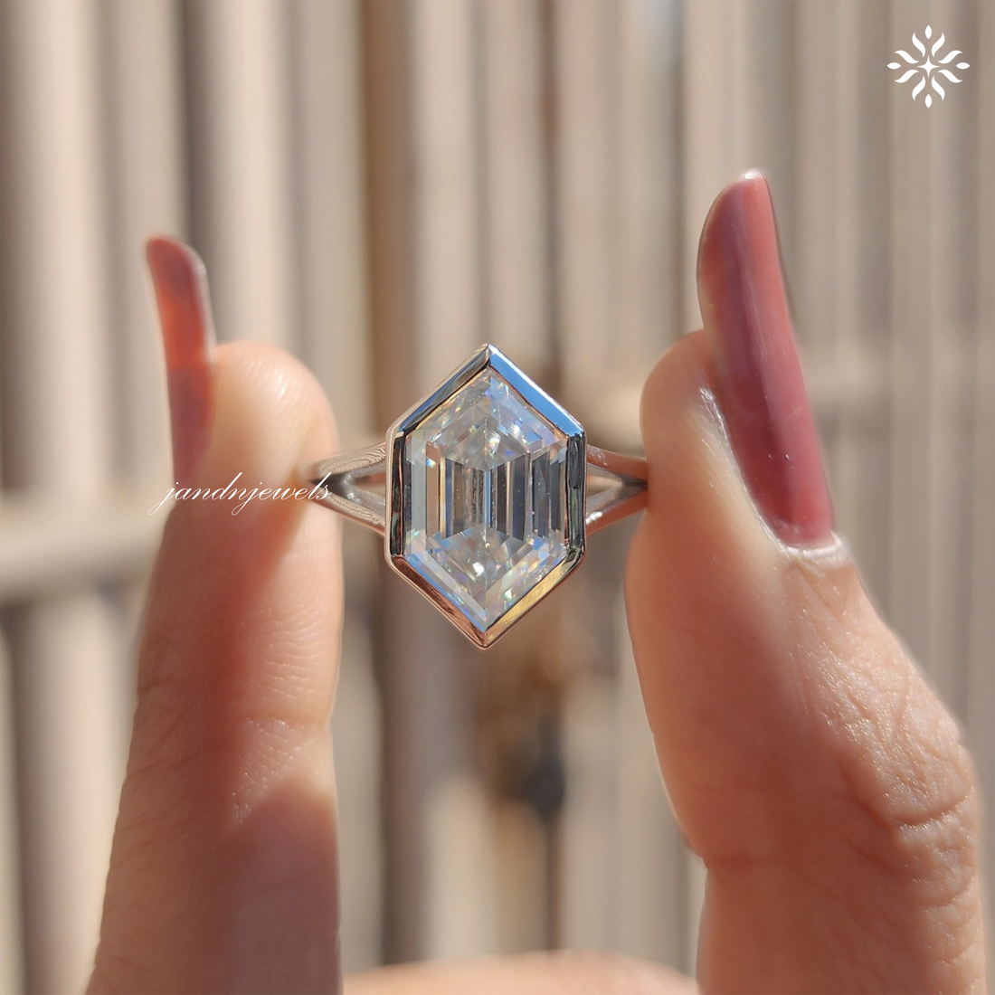 4CT Hexagon Cut Moissanite Engagement Ring, Bezel Set Solitaire, Split Shank Ring, 14K Solid Gold, Minimalist Modern Bridal Ring