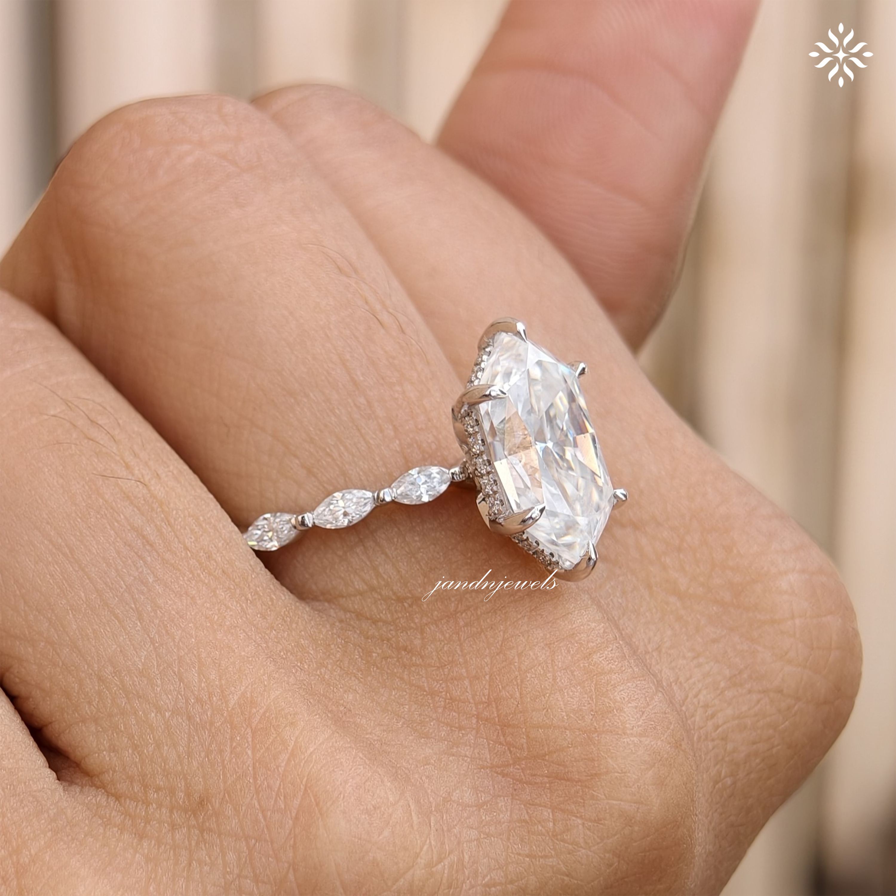 Lotus Hidden Halo 3CT Dutch Marquise Cut Moissanite Diamond Ring Solitaire Ring