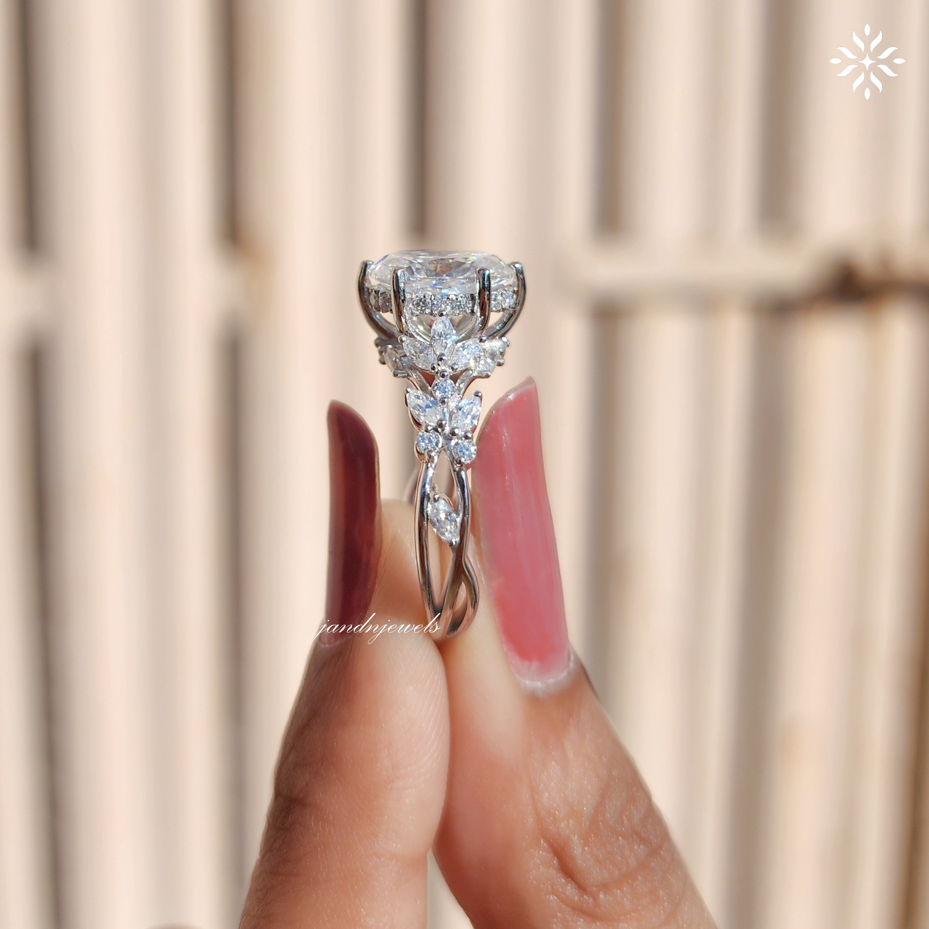 Oval Moissanite Ring, Nature Inspired Floral Diamond Band, Unique Vintage Gold Engagement Ring