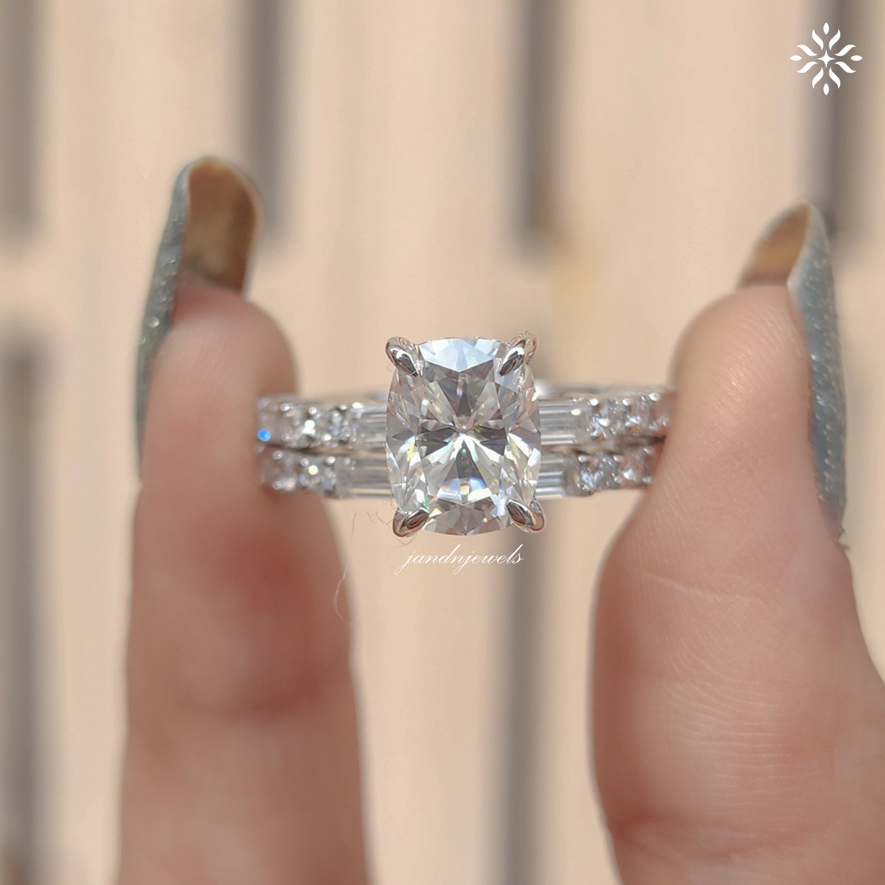 Elongated Cushion Cut Moissanite Engagement Ring Set Baguette & Round Diamond Band Bridal Ring Set 14K White Gold Ring Set