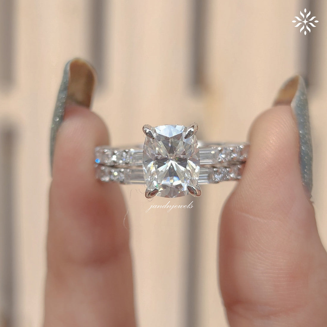 Elongated Cushion Cut Moissanite Engagement Ring Set Baguette & Round Diamond Band Bridal Ring Set 14K White Gold Ring Set