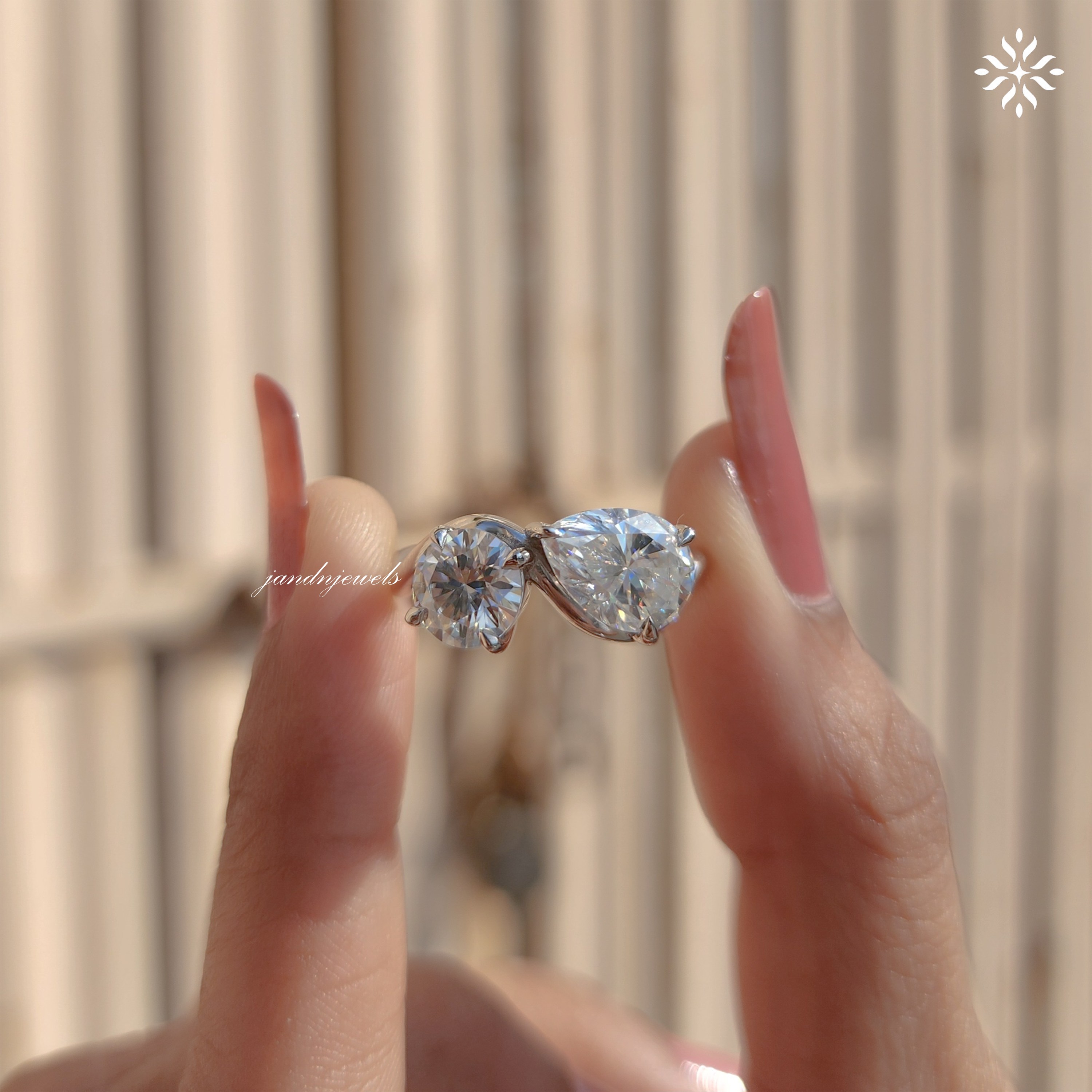 Pear & Round Cut Moissanite Engagement Ring, Toi Et Moi Ring, Bypass Shank Ring, 14K Solid Gold, Luxurious Two Stone Ring