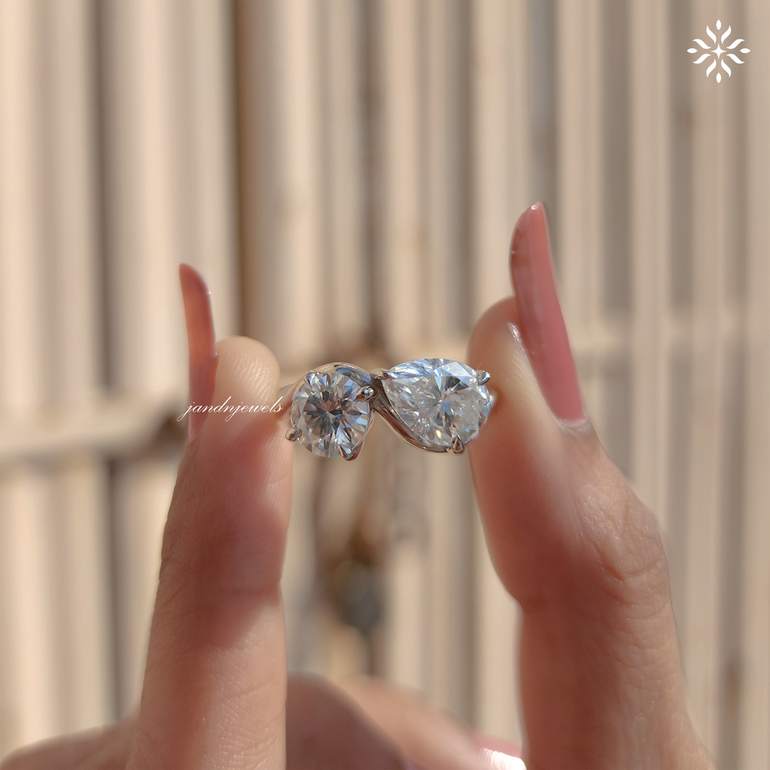 Pear & Round Cut Moissanite Engagement Ring, Toi Et Moi Ring, Bypass Shank Ring, 14K Solid Gold, Luxurious Two Stone Ring